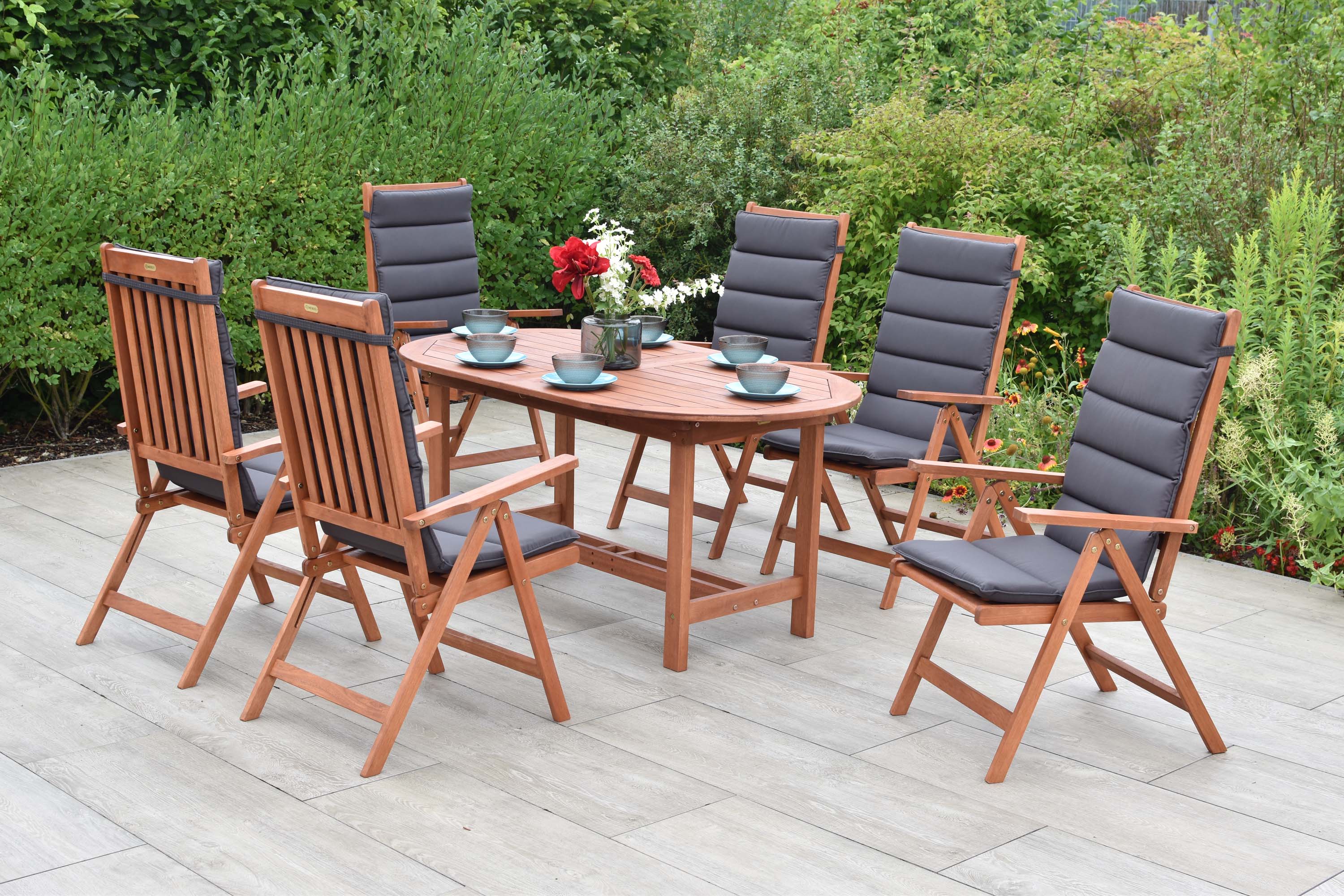 Vitoria Set 13tlg., 6 Klappsessel, Ausziehtisch 160/210 x 90 cm, inkl. Kissen