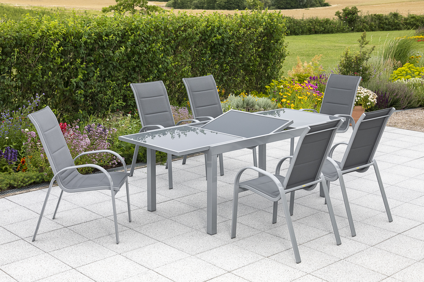 50355-309-2 Amalfi Set 7 tlg., 6 Stapelsessel, Ausziehtisch 140 (200) x 90 cm, grau
