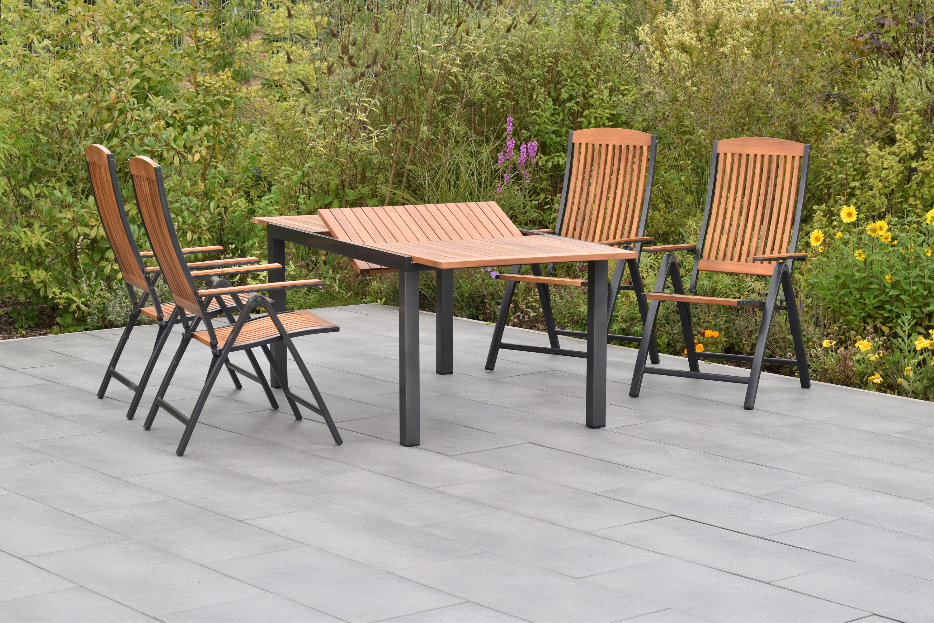 50834-217-2 Athos Set, 5tlg., 4 Klappsessel, Ausziehtisch 150/200 x 90 cm