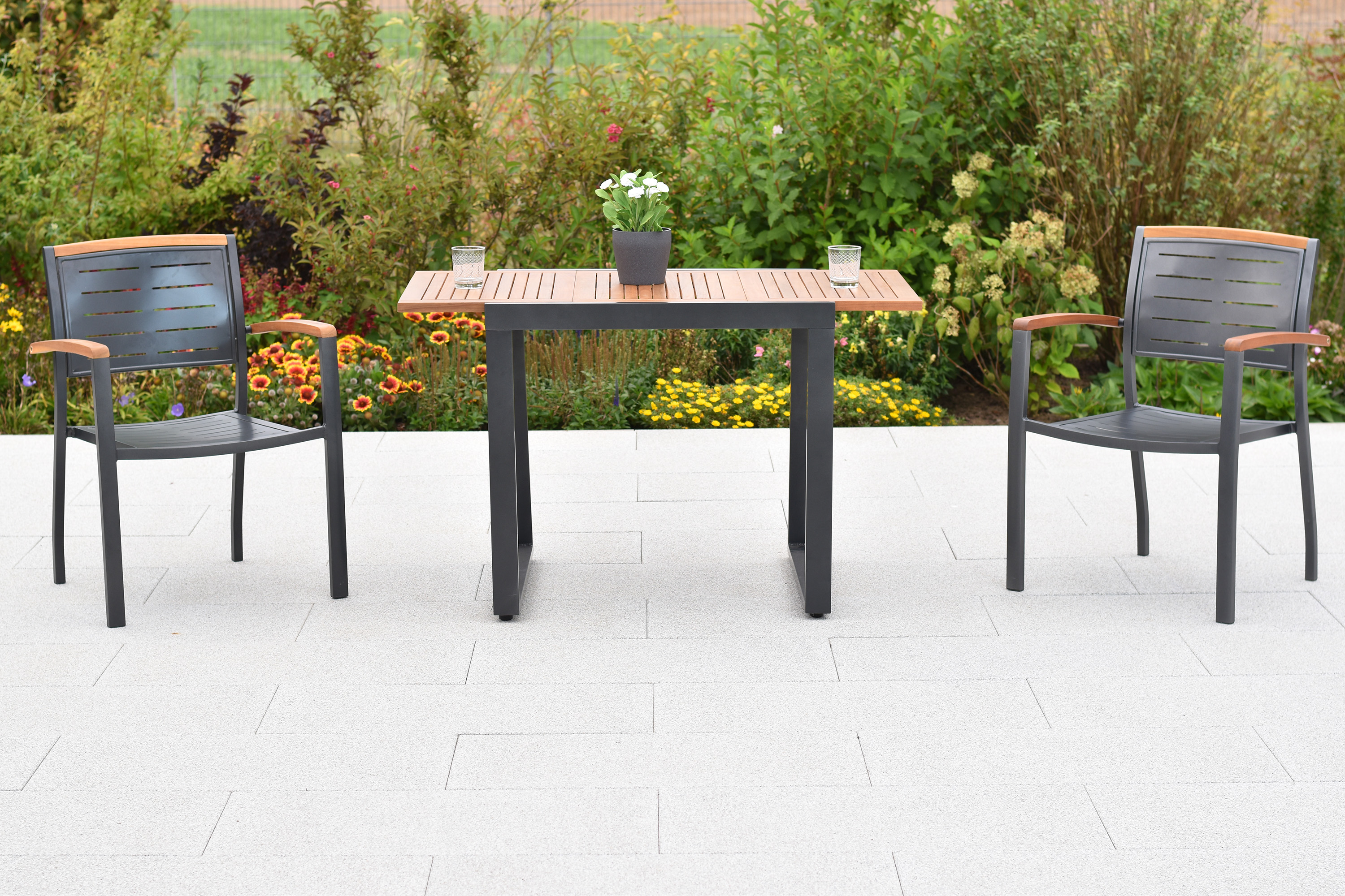 Tinos Set, 3tlg., Balkonausziehtisch, 80 (120) x 70 cm, Tischplatte aus Akazienholz Tinos Set, 3tlg., Balkonausziehtisch, 80 (120) x 70 cm, Tischplatte aus Akazienholz