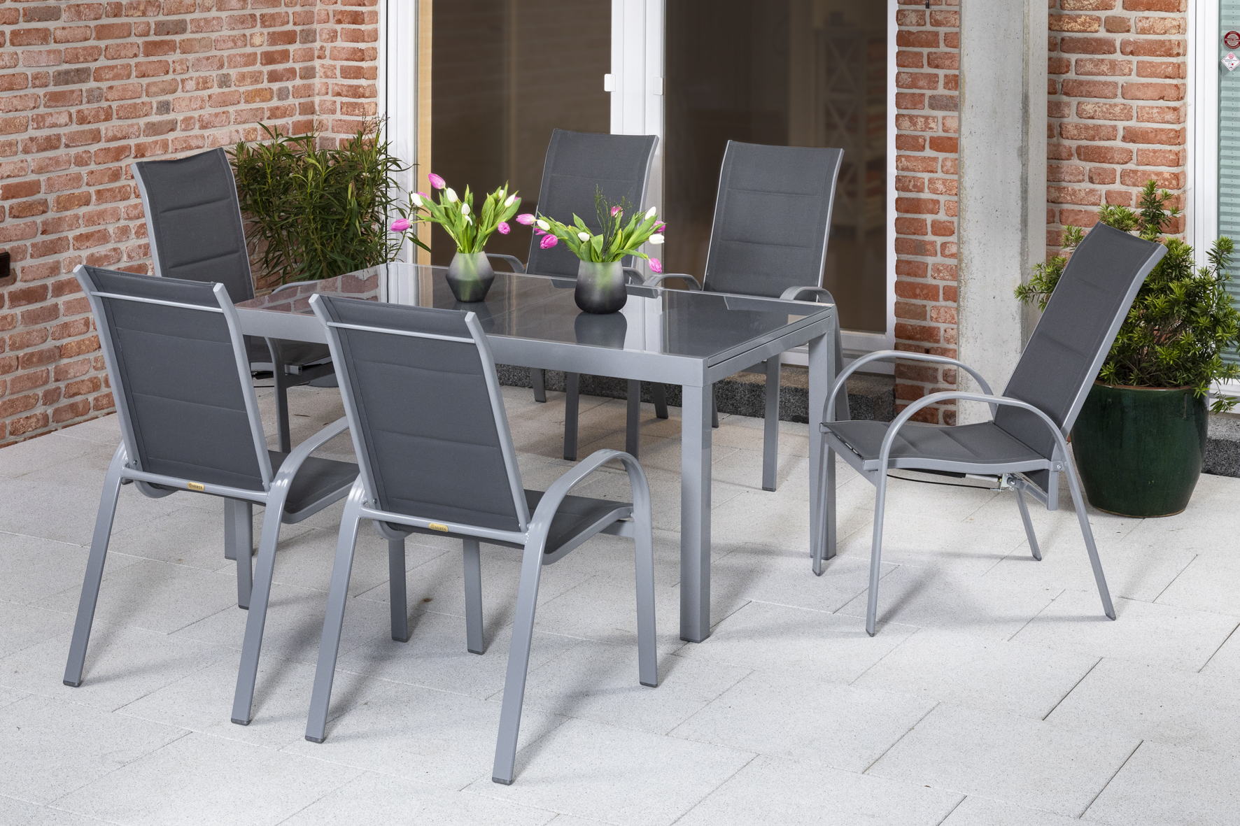 Amalfi Set, 7 tlg., 6 Stapelsessel, Ausziehtisch 180/250 x 100 cm, grau 