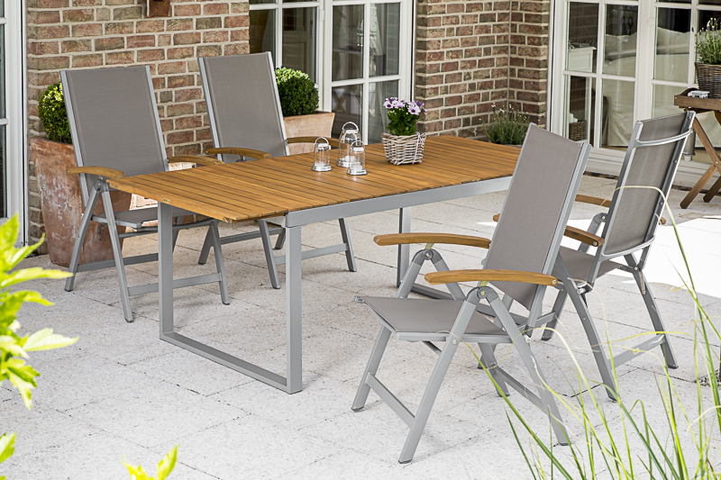 Naxos-Set-5tlg-4x-22005-309-22004-219-NB-4 Naxos Set, 5tlg., 4 Klappsessel, Ausziehtisch 150/200 x 90 cm, silber