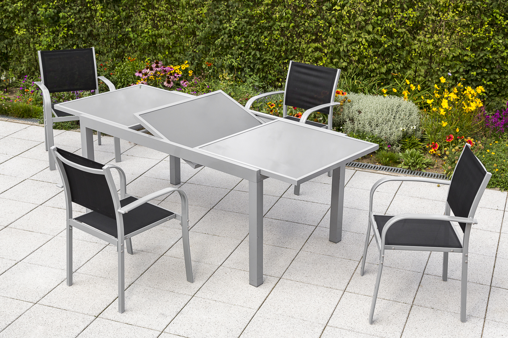 50272-317-2ZmYcSLPAhBUYJ Ostia Set, 5tlg., 4 Stapelsessel, Ausziehtisch 160/220 x 90 cm