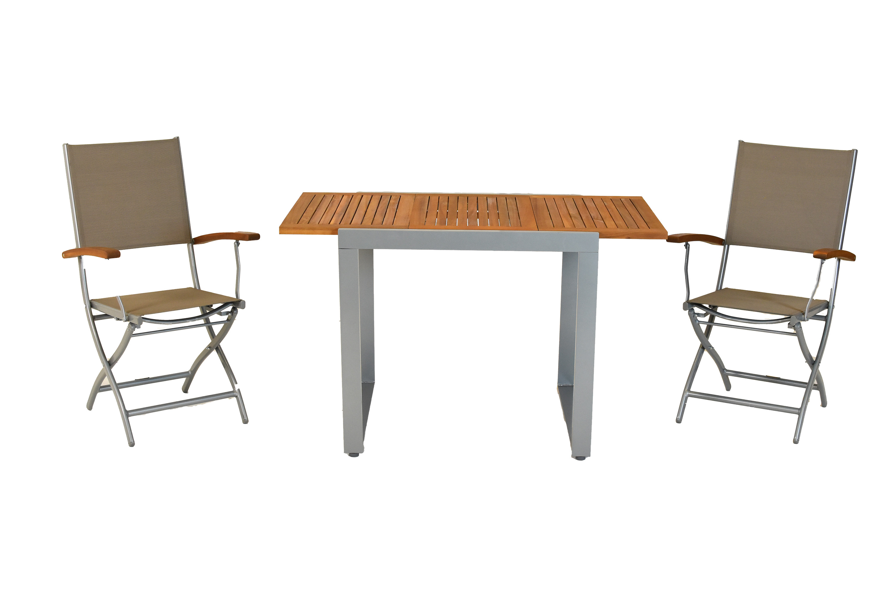 Naxos Set 3tlg., 2 Klappsessel, Balkonausziehtisch 80 (120) x 70 cm, silber Naxos Set 3tlg., 2 Klappsessel, Balkonausziehtisch 80 (120) x 70 cm, silber