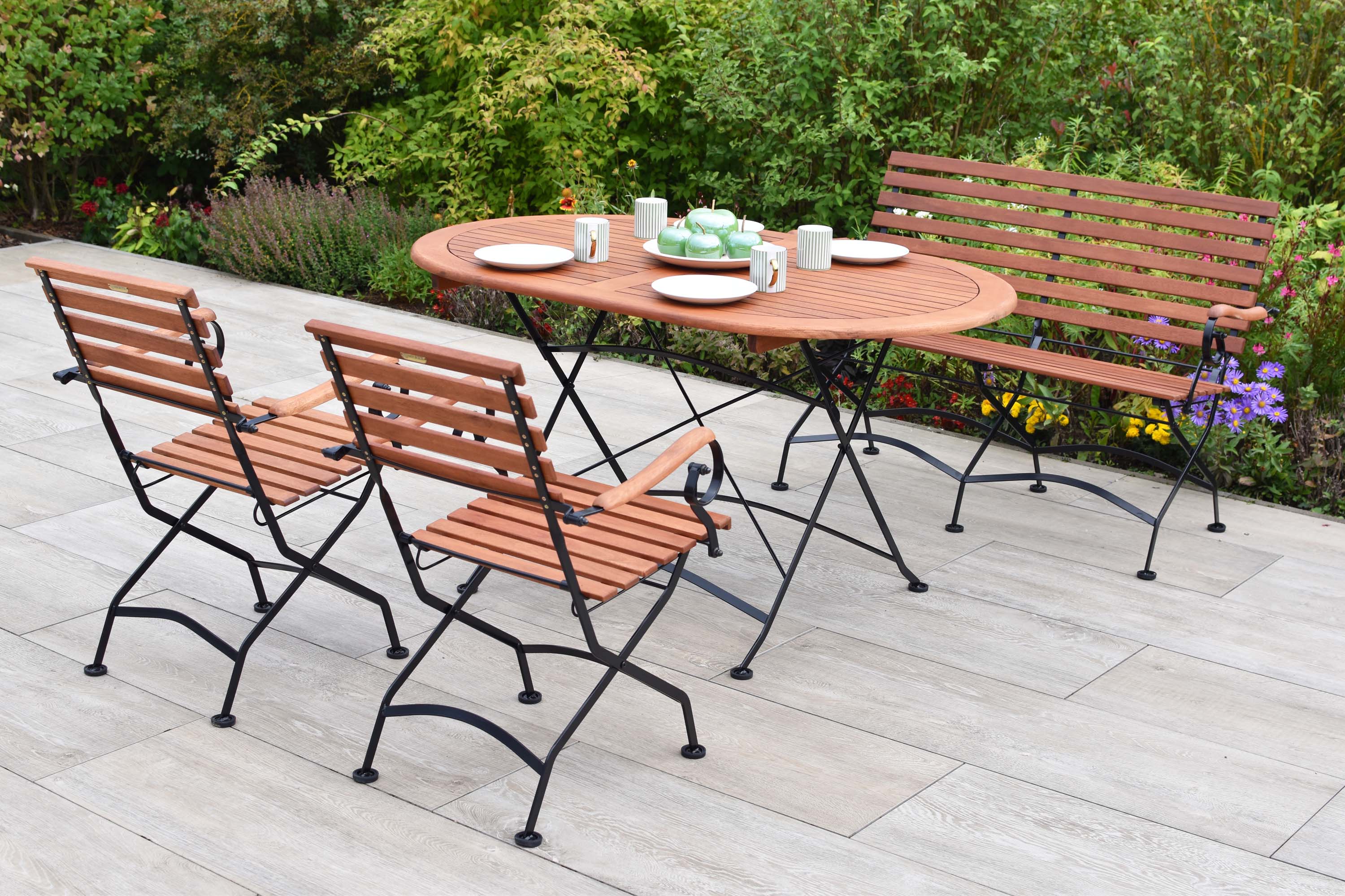 Schlossgarten Set 4tlg., 2 Klappsessel, 1 Bank 2-sitzig, Klapptisch oval 140 x 90 cm Schlossgarten Set 4tlg., 2 Klappsessel, 1 Bank 2-sitzig, Klapptisch oval 140 x 90 cm