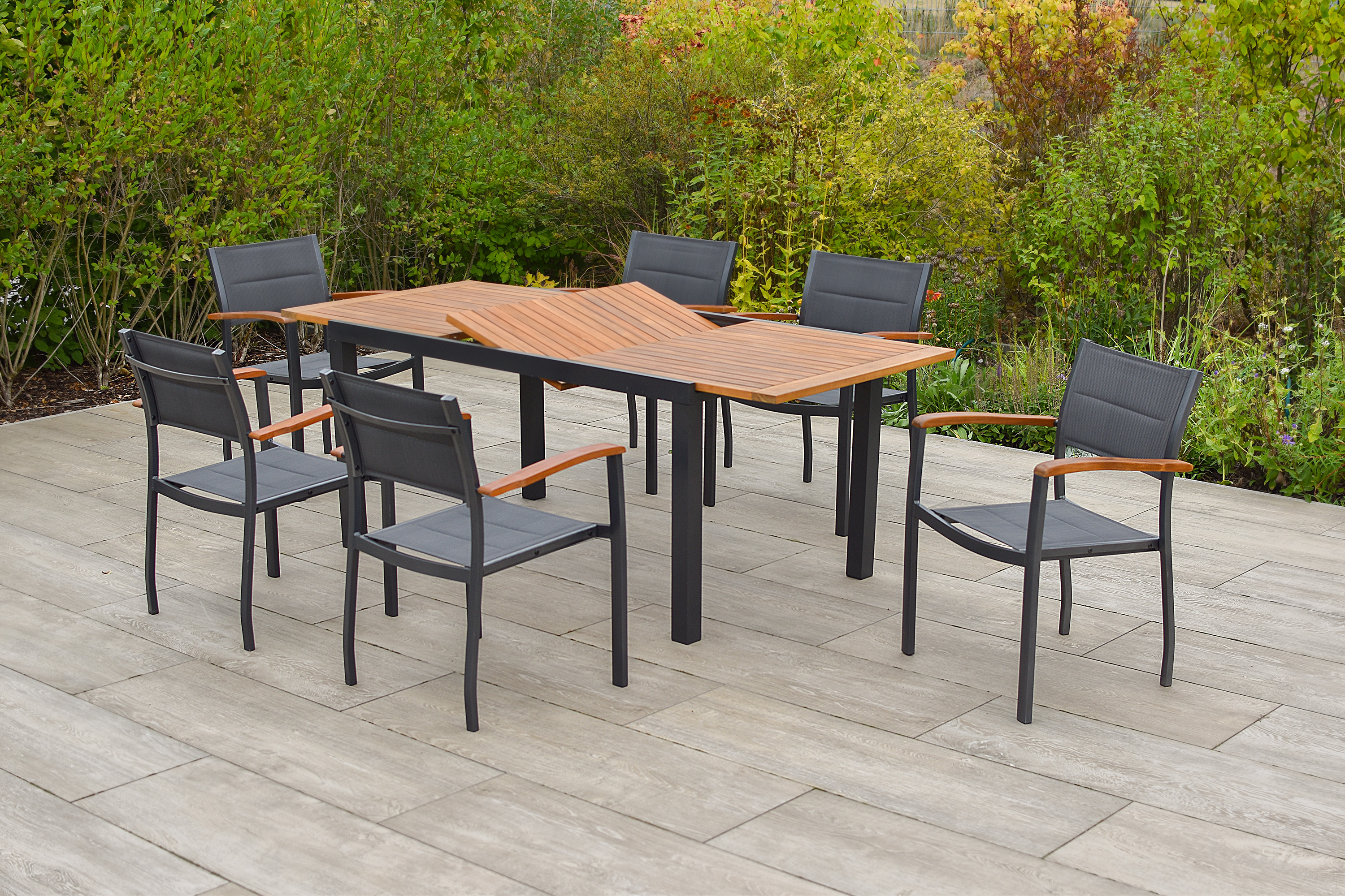 Paxos-Set-7tlg-6x-22010-307-21605-217-MX-HD-2 Paxos Set 7tlg., 6 Stapelsessel, Ausziehtisch 150 (200) x 90 cm, graphit