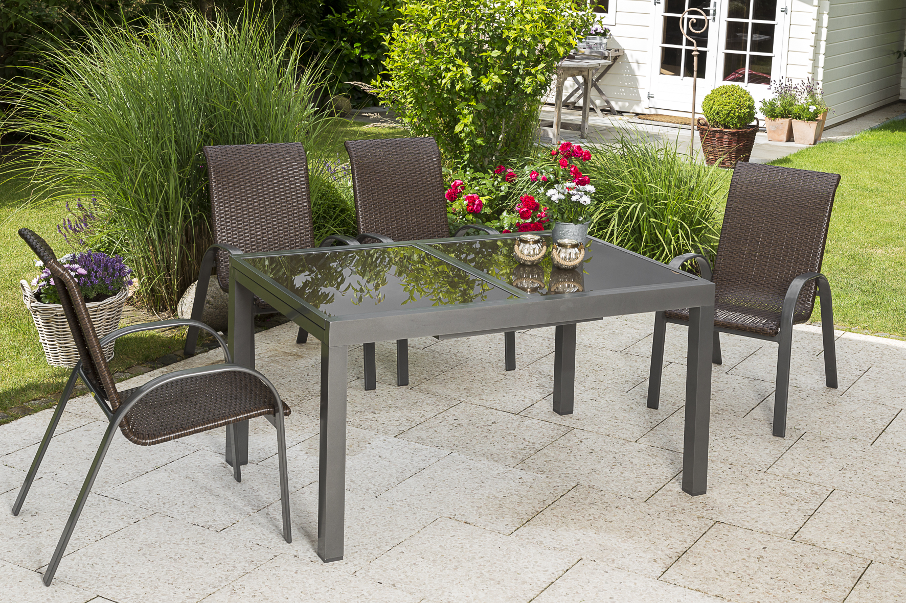 Varese Set 5tlg., 4 Stapelsessel, Ausziehtisch 120 (180) x 90 cm