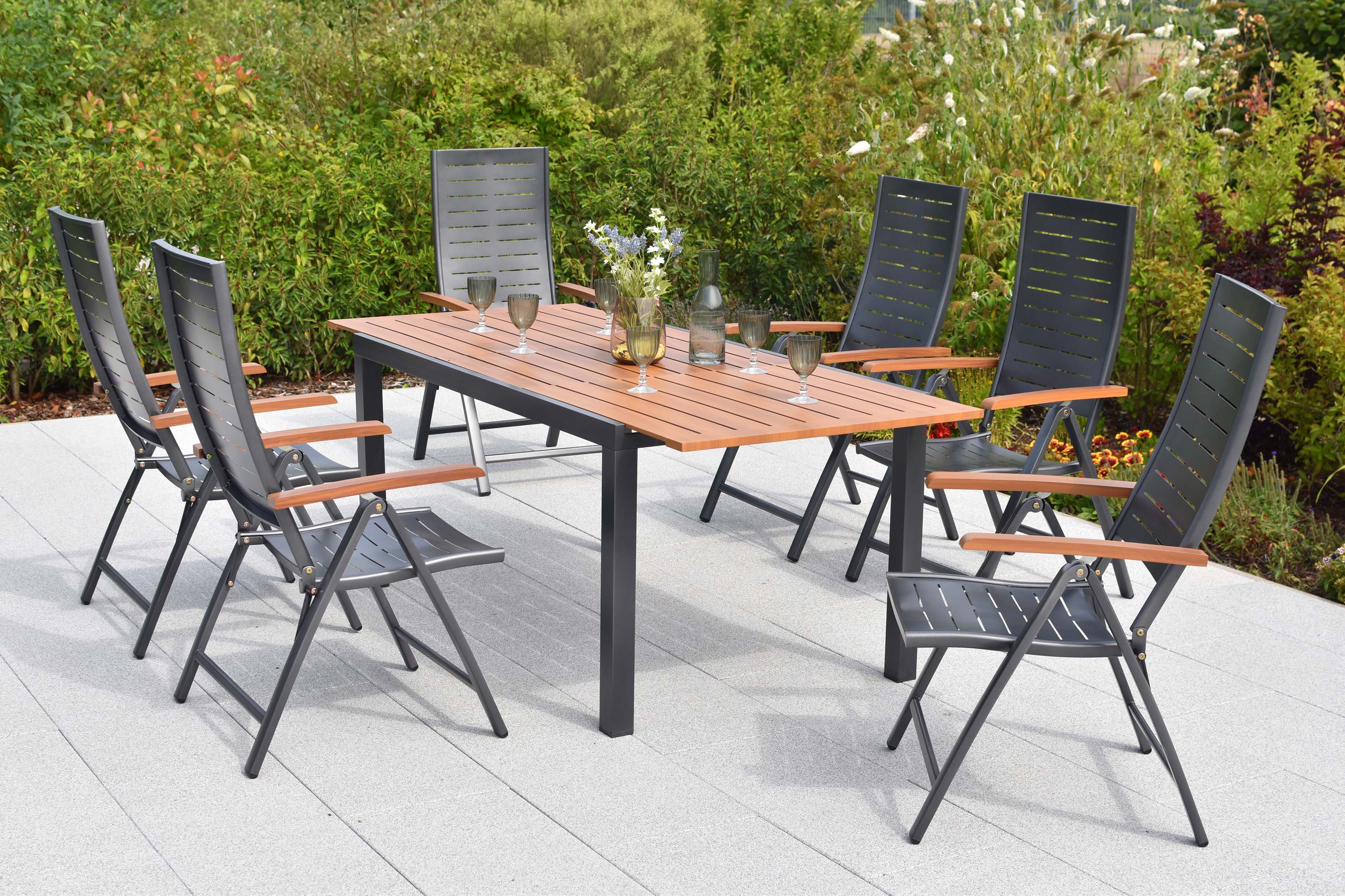 Tinos Set 7tlg., 6 Klappsessel, Ausziehtisch 150 (200) x 90 cm