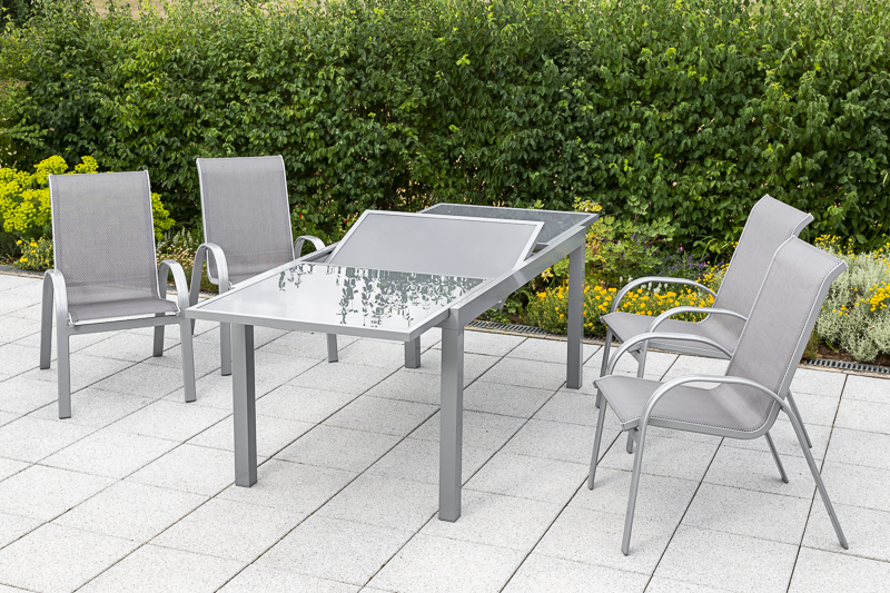 Amalfi-Set-5tlg-4x-26310-330-26451-219-NB-1 Amalfi Set 5 tlg., 4 Stapelsessel, Auszietisch 160 (220) x 90 cm, diamantbraun