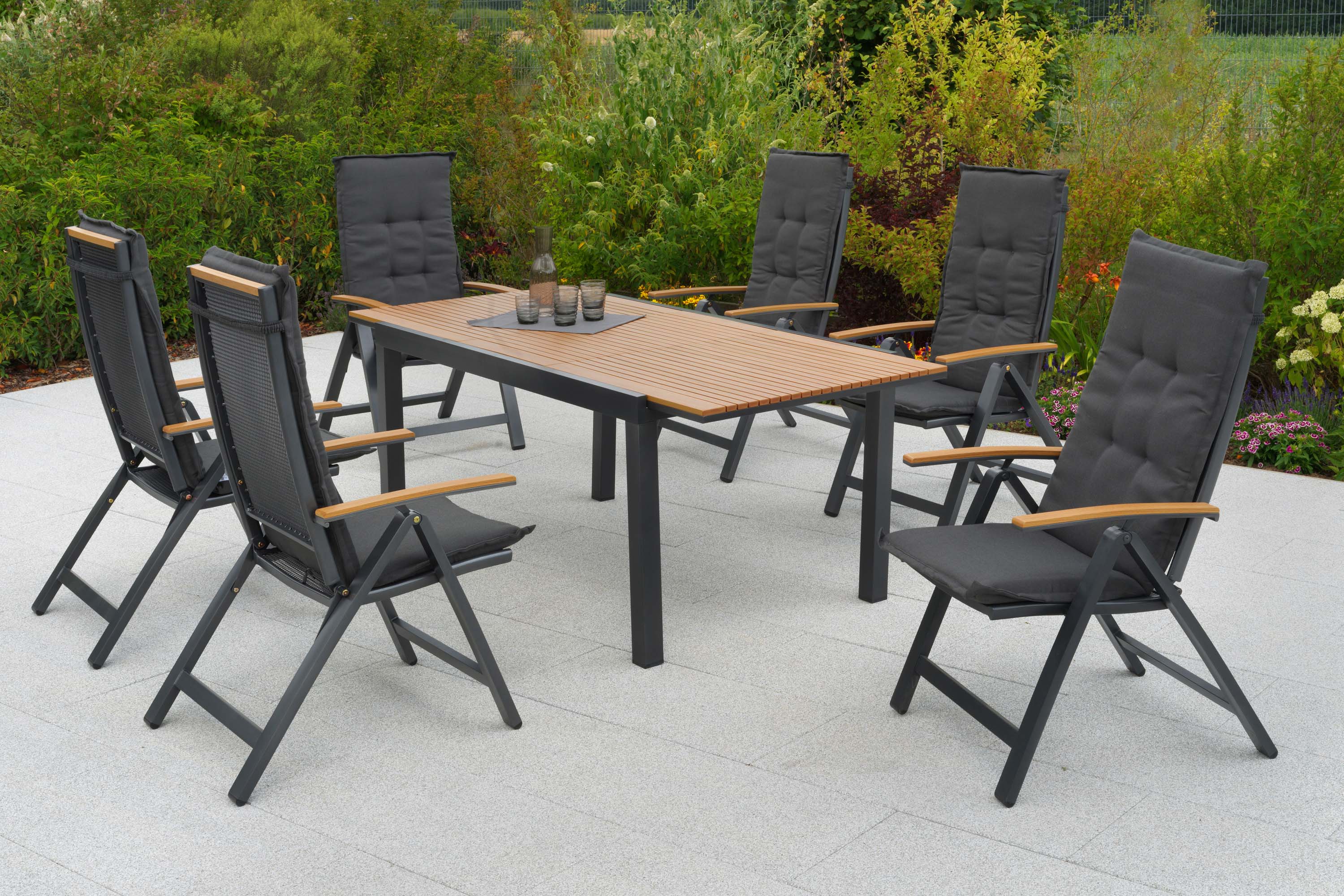 Itanos Set 13tlg., 6 Klappsessel, Ausziehtisch 150 (200) x 90 cm, inkl. Kissen Itanos Set 13tlg., 6 Klappsessel, Ausziehtisch 150 (200) x 90 cm, inkl. Kissen