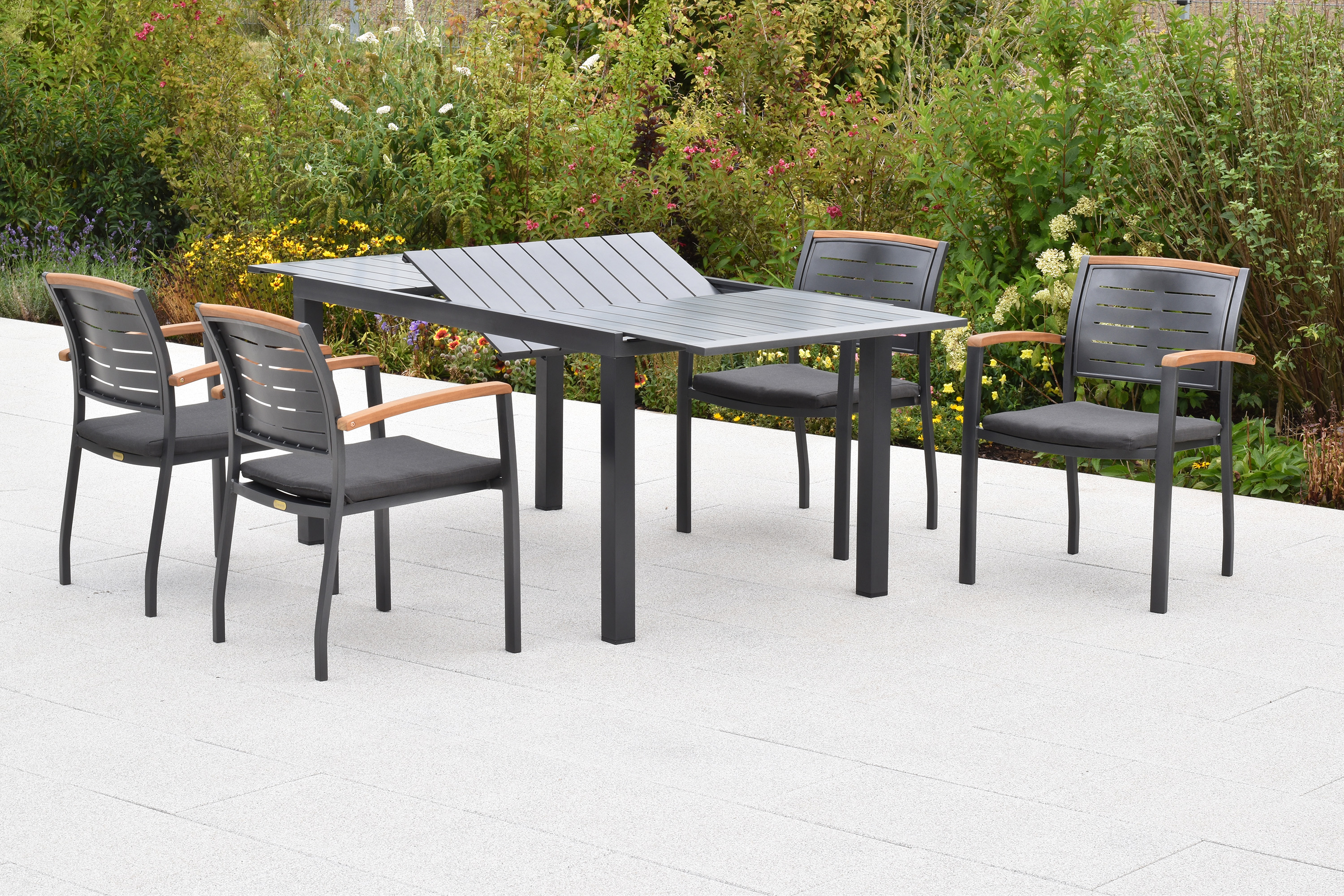 Tinos Set, 9tlg., Ausziehtisch, 150/200 x 90 cm, Tischplatte aus Aluminium, inkl. Kissen, 