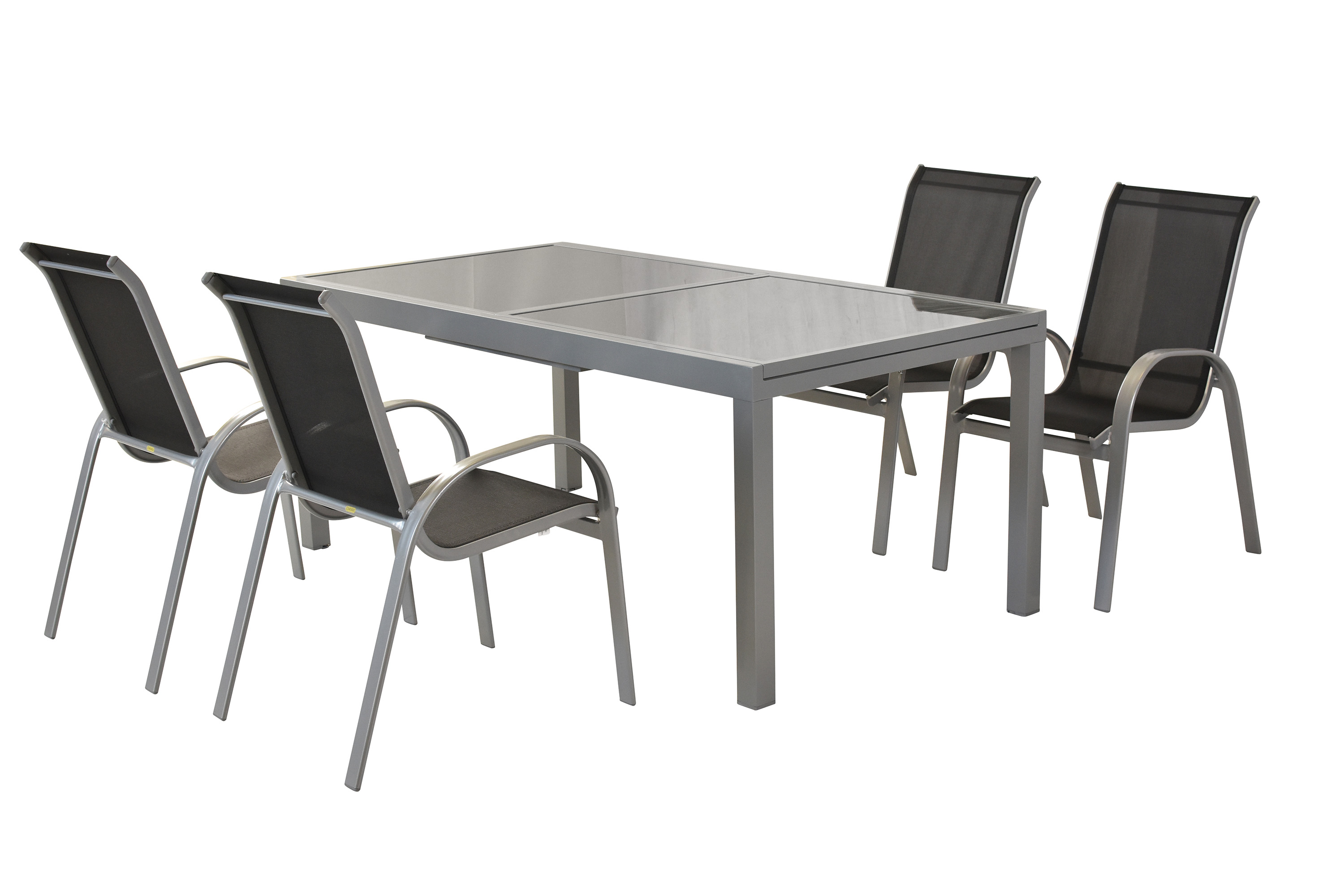 Amalfi Set 5tlg., 4 Stapelsessel, Ausziehtisch 140 (200) x 90 cm, schwarz