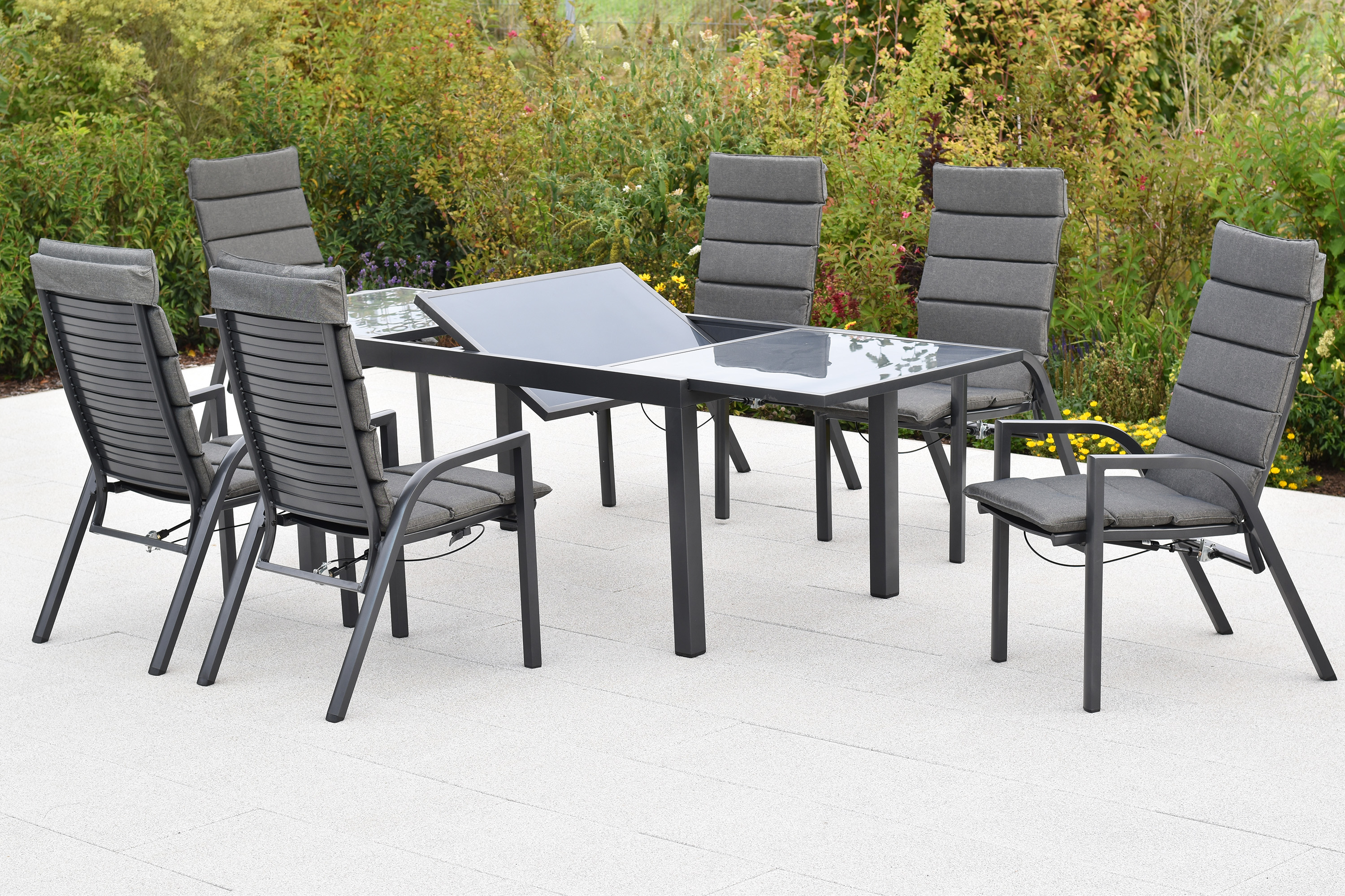 Siros Set, 13tlg., Ausziehtisch, 150/210 x 90 cm, graue Glasplatte, inkl. Kissen Siros Set, 13tlg., Ausziehtisch, 150/210 x 90 cm, graue Glasplatte, inkl. Kissen