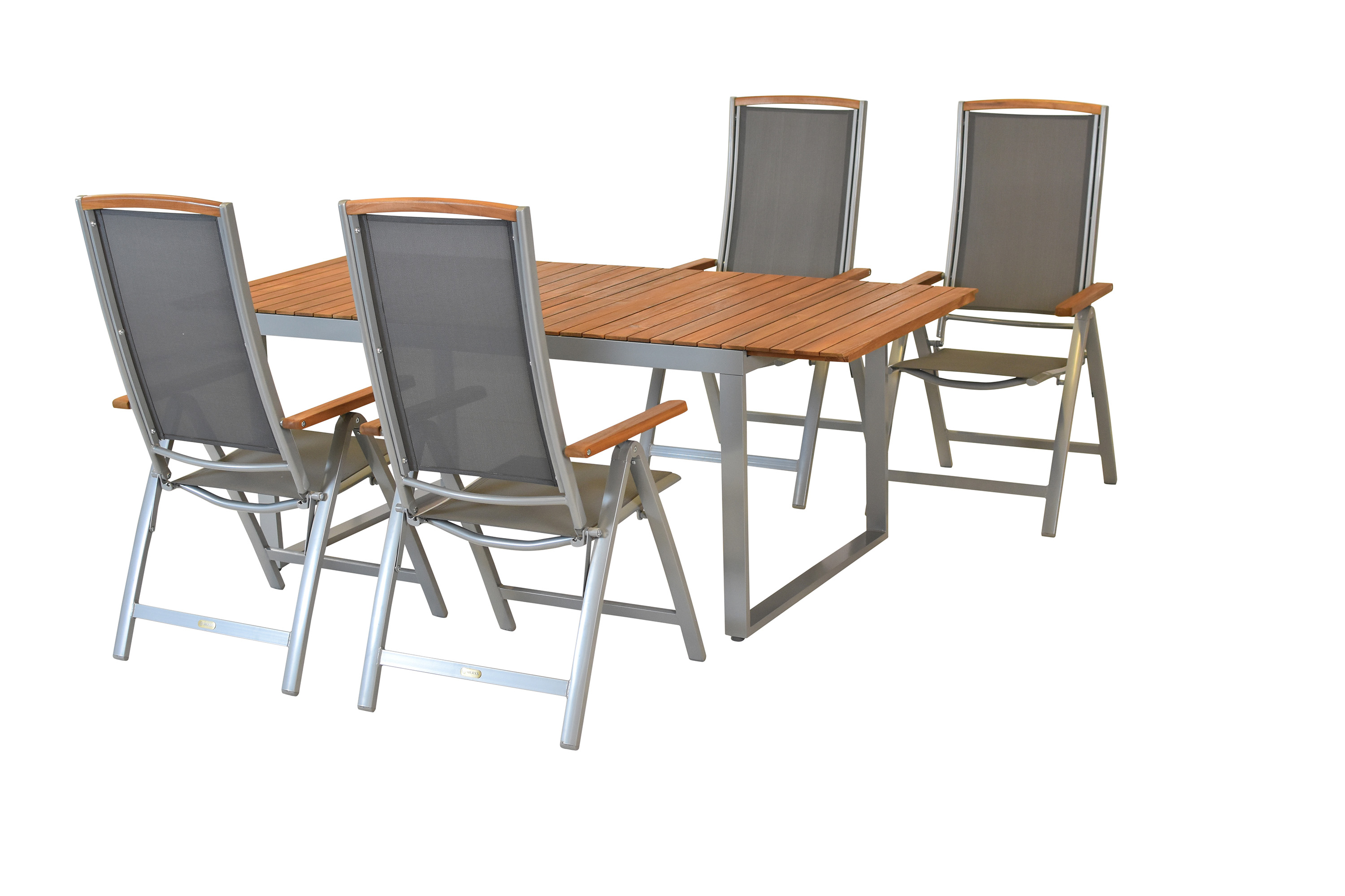 Siena Set 5tlg., 4 Klappsessel, Ausziehtisch 150 (200) x 90 cm, silber Siena Set 5tlg., 4 Klappsessel, Ausziehtisch 150 (200) x 90 cm, silber