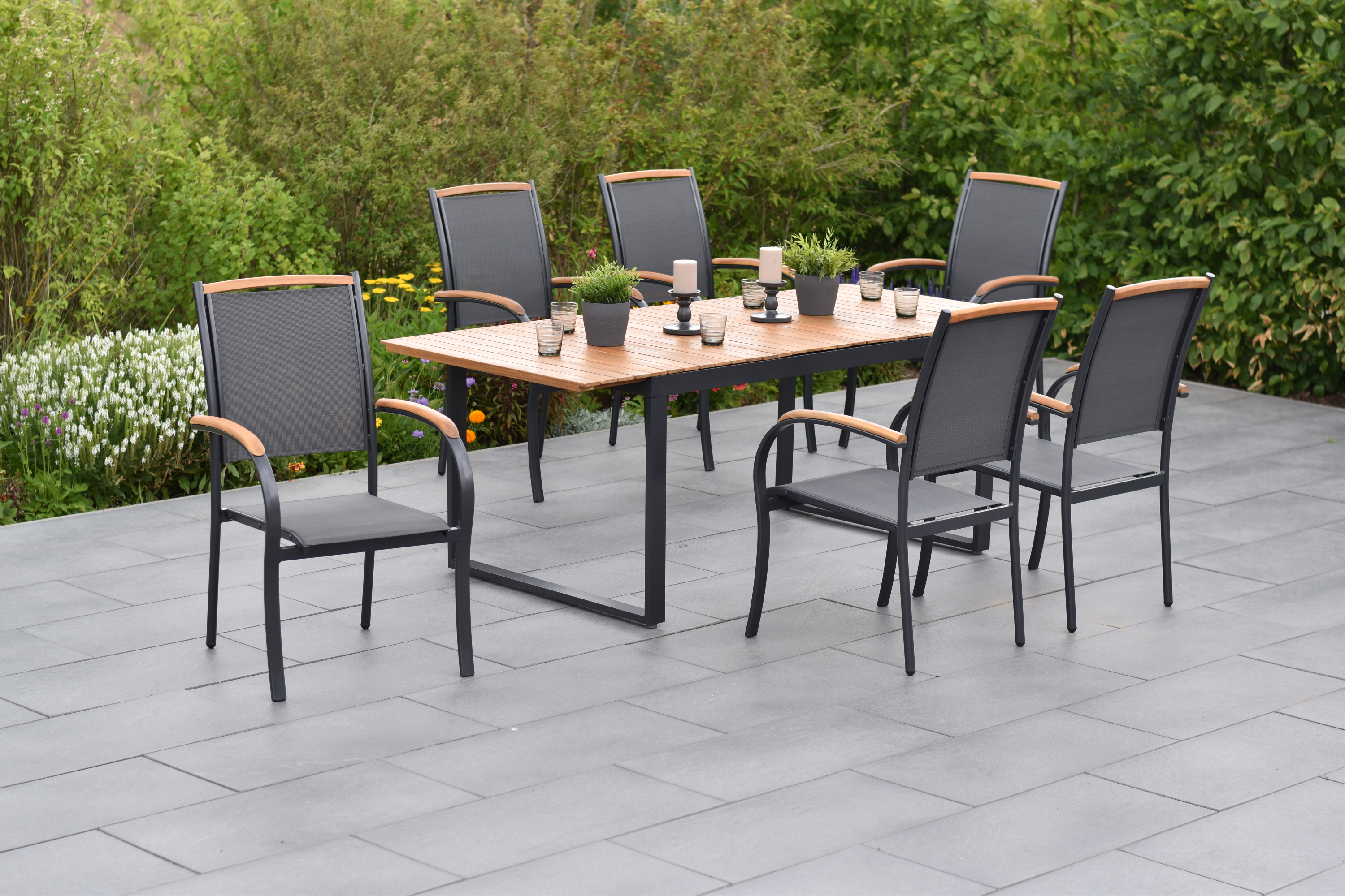 50845-309-2 Siena Set, 7tlg., 6 Stapelsessel, Ausziehtisch 150/200 x 90 cm, graphit