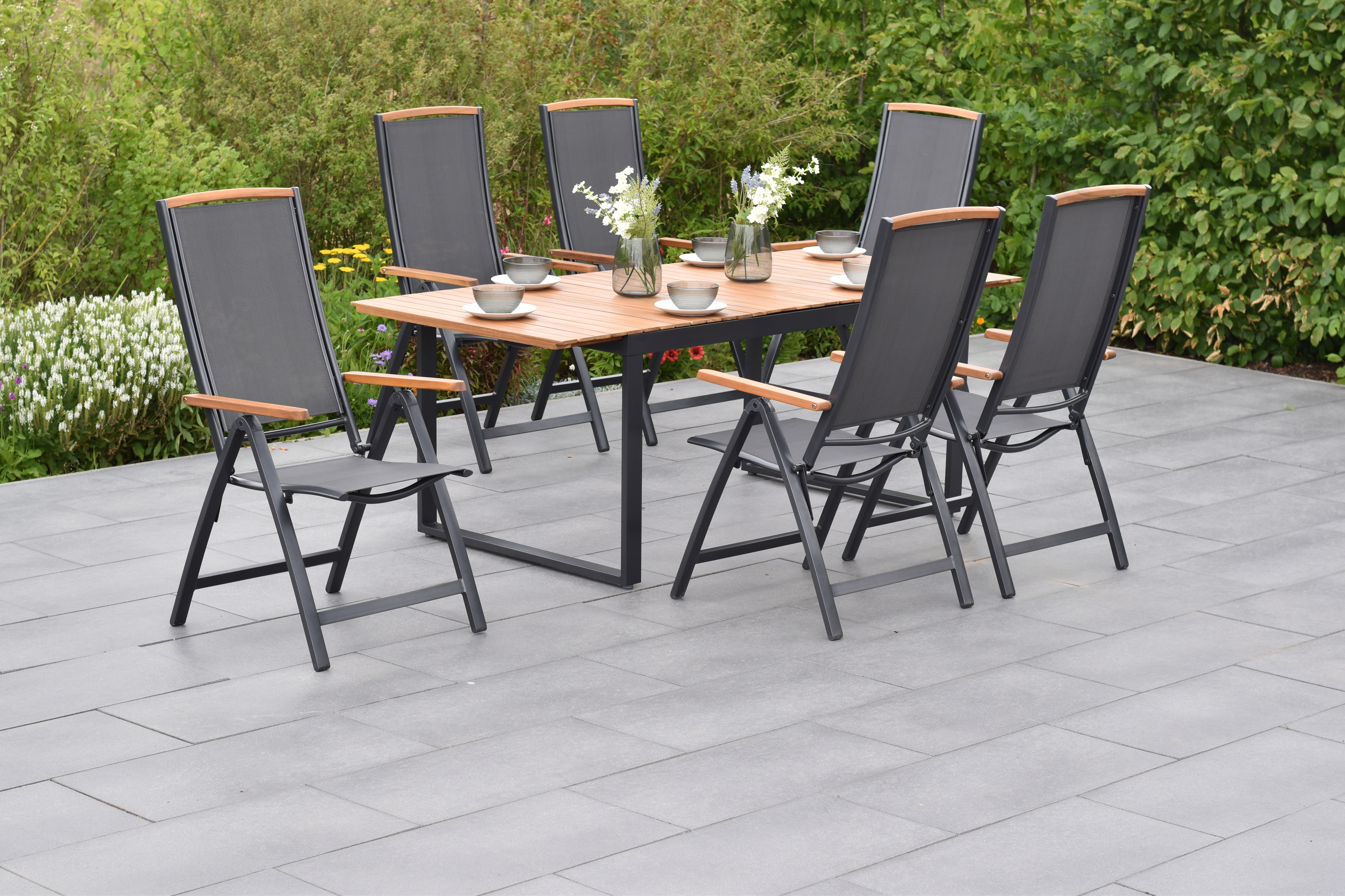 50849-309-2 Siena Set, 7tlg., 6 Klappsessel, Tisch 150/200 x 90 cm, graphit