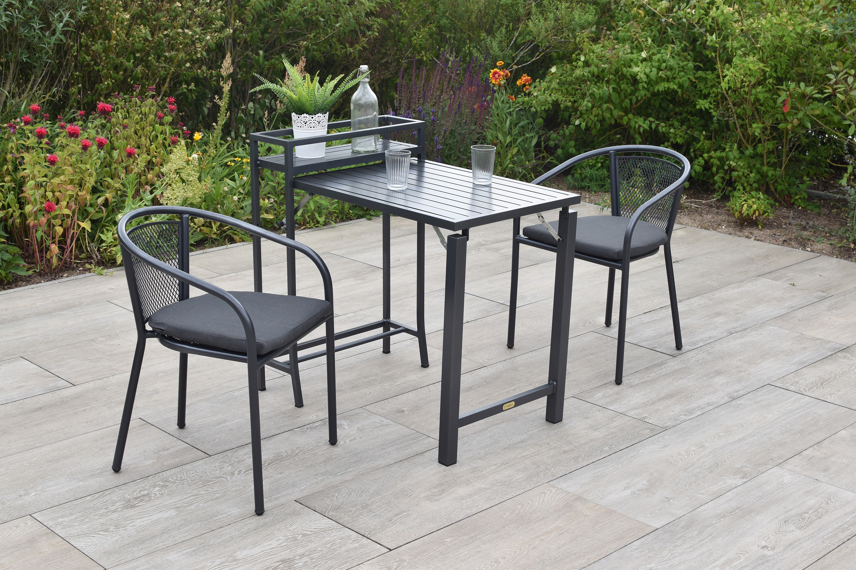 Delos Set 5tlg., 2 Bistrosessel, stapelbar, Balkonklappentisch 23/91 x 60 cm, inkl. Kissen