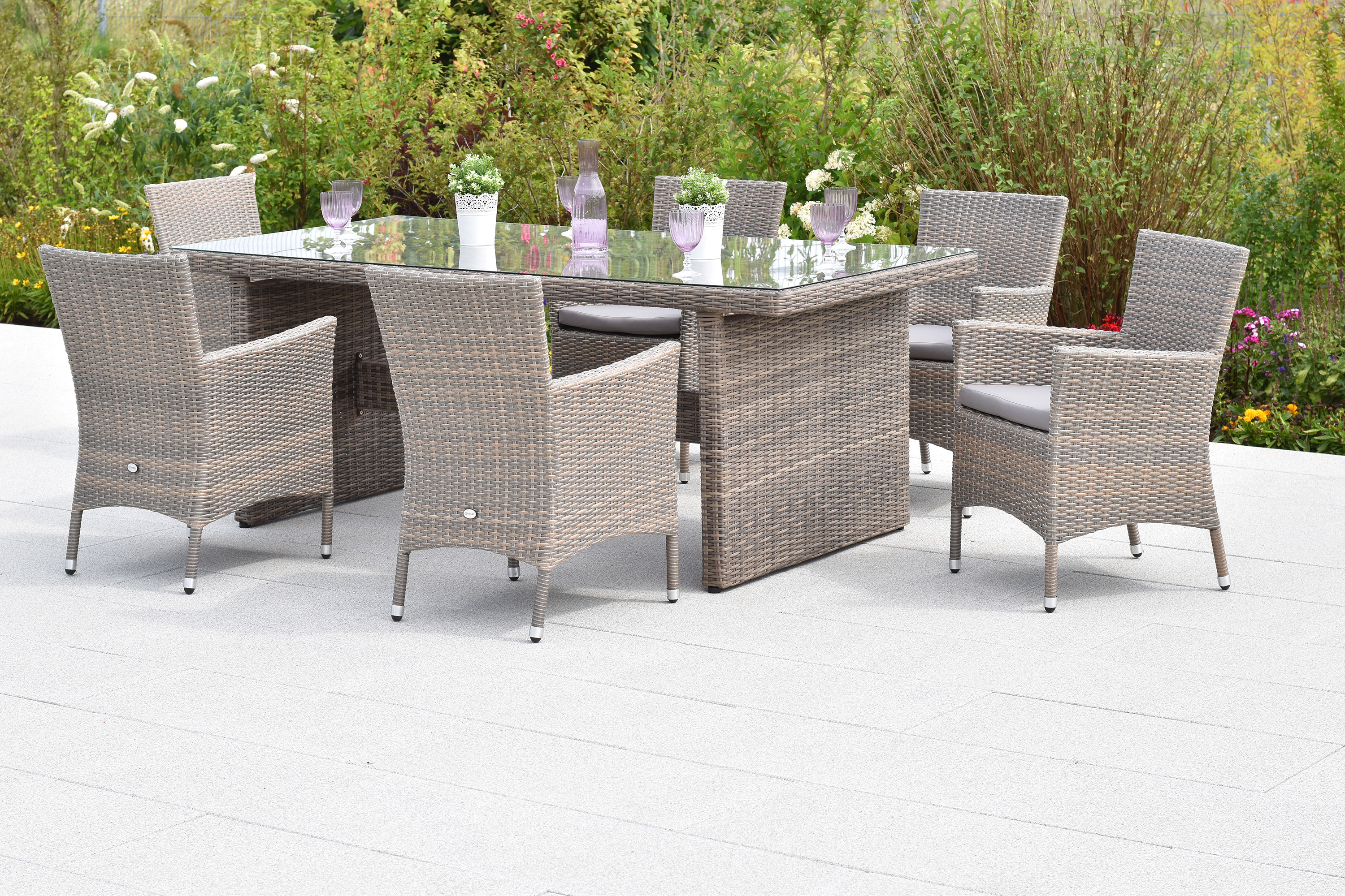 Teneriffa Set, 13tlg., Tisch, 200 x 100 cm, aufliegende Glasplatte, inkl. Kissen Teneriffa Set, 13tlg., Tisch, 200 x 100 cm, aufliegende Glasplatte, inkl. Kissen