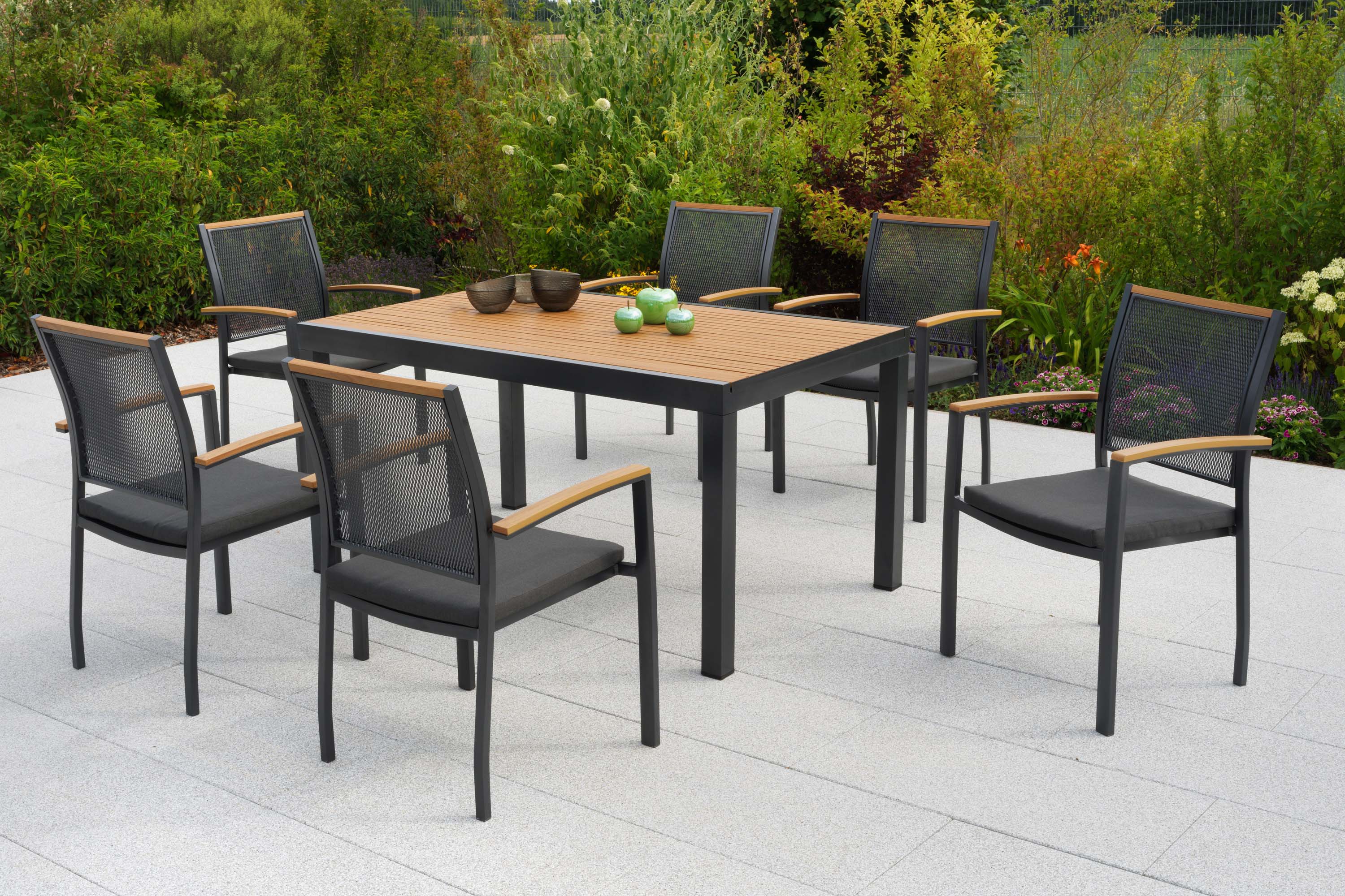 Itanos Set 13tlg., 6 Stapelsessel, Tisch 150 x 90 cm, inkl. Kissen Itanos Set 13tlg., 6 Stapelsessel, Tisch 150 x 90 cm, inkl. Kissen