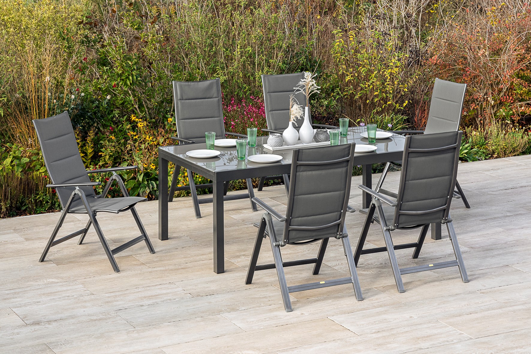 50567-207-2lLFSnf5KLrnm8 Taviano Set, 7tlg., 6 Klappsessel, Ausziehtisch 200/300 x 100 cm, grau