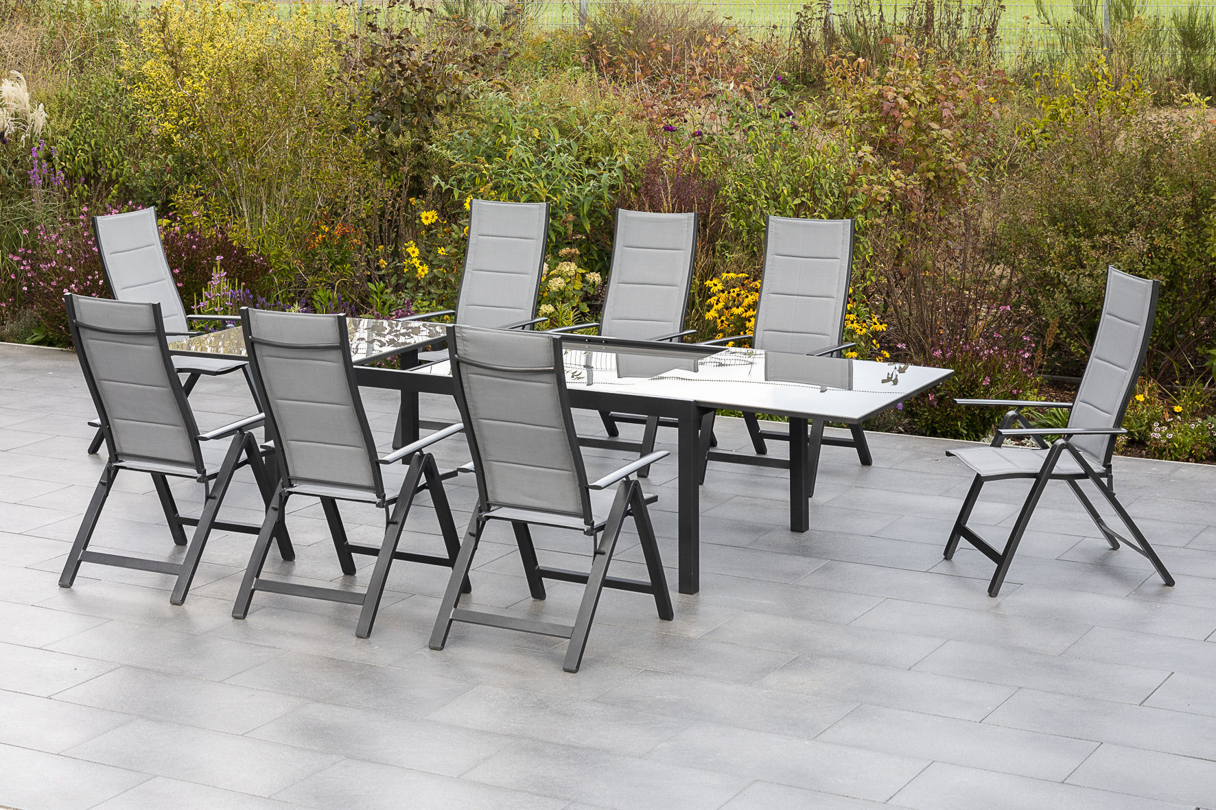 Florenz Set, 9tlg., 8 Klappsessel, Ausziehtisch 200/300 x 110 cm Florenz Set, 9tlg., 8 Klappsessel, Ausziehtisch 200/300 x 110 cm