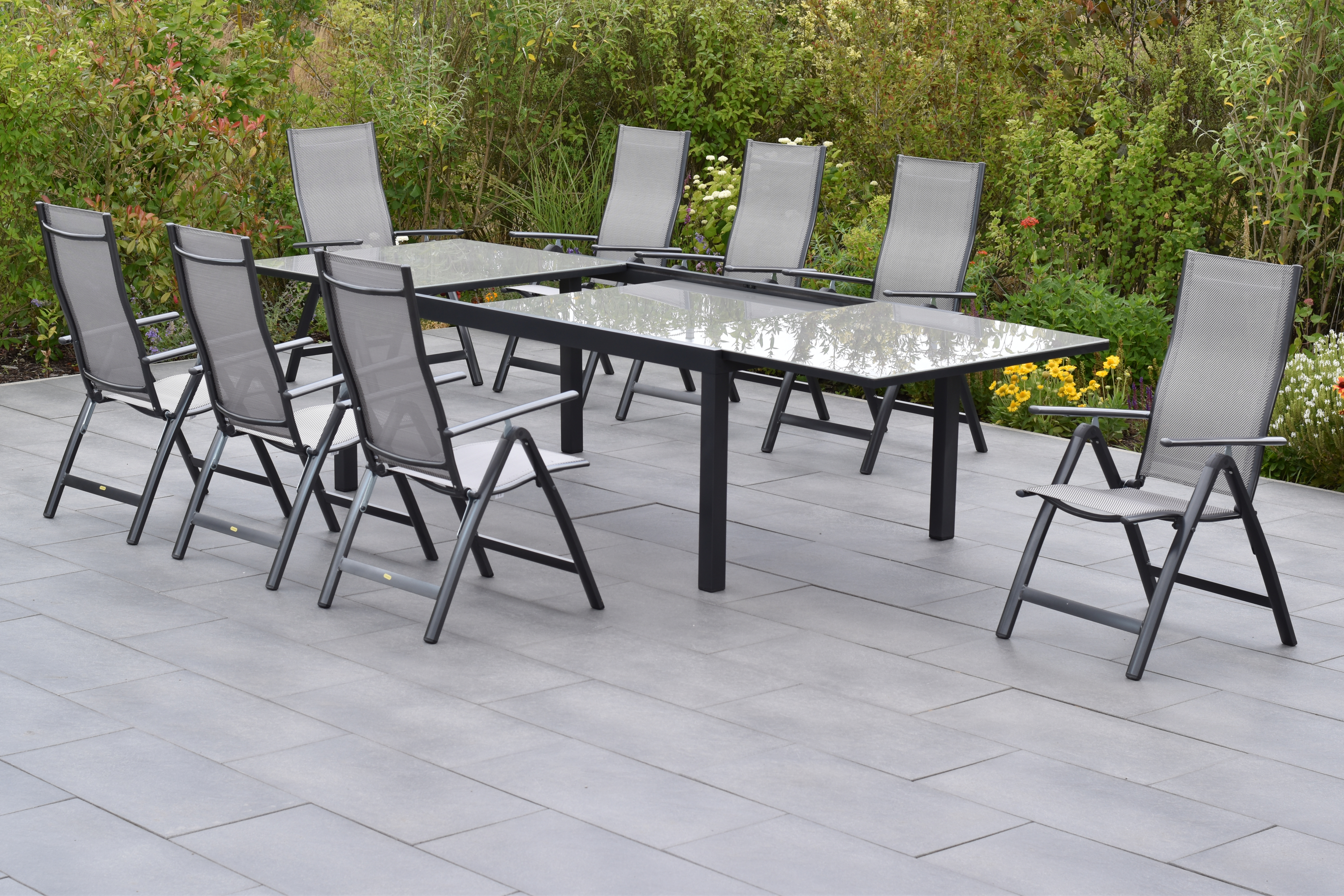 50866-330-2 Carrara Set, 9tlg., 8 Klappsessel, Ausziehtisch 200/300 x 110 cm, diamantbraun
