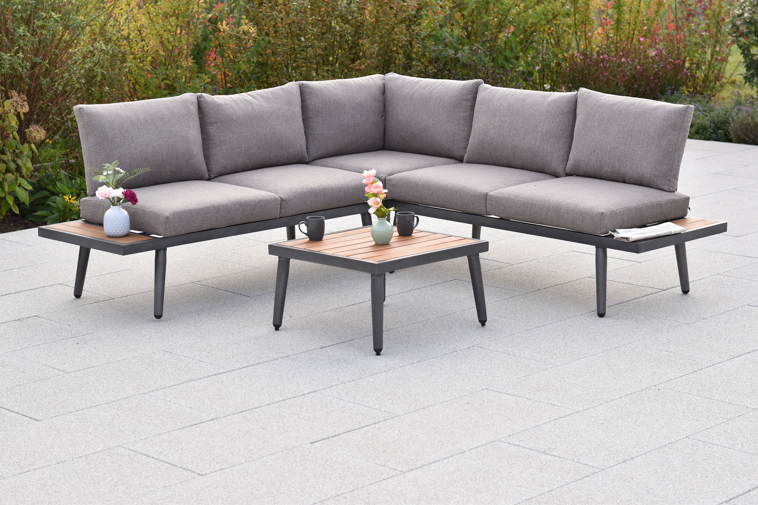 Korfu Eckset, Eckbank, mit seitlicher Ablagefläche, Tisch 60 x 60 cm, inkl. Kissen