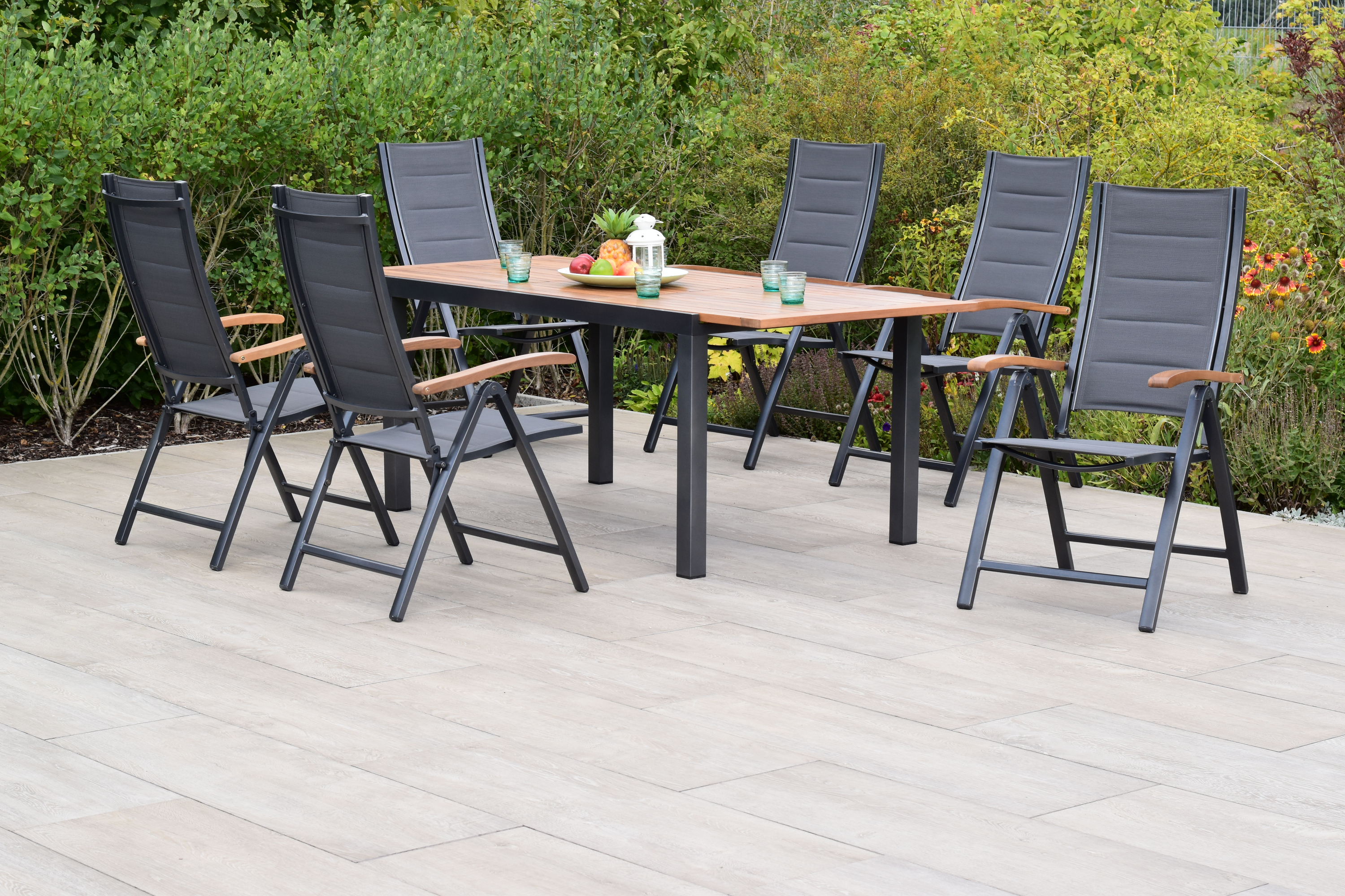 50825-307-2 Paxos Set, 7tlg., 6 Klappsessel, Ausziehtisch 150/200 x 90 cm, graphit
