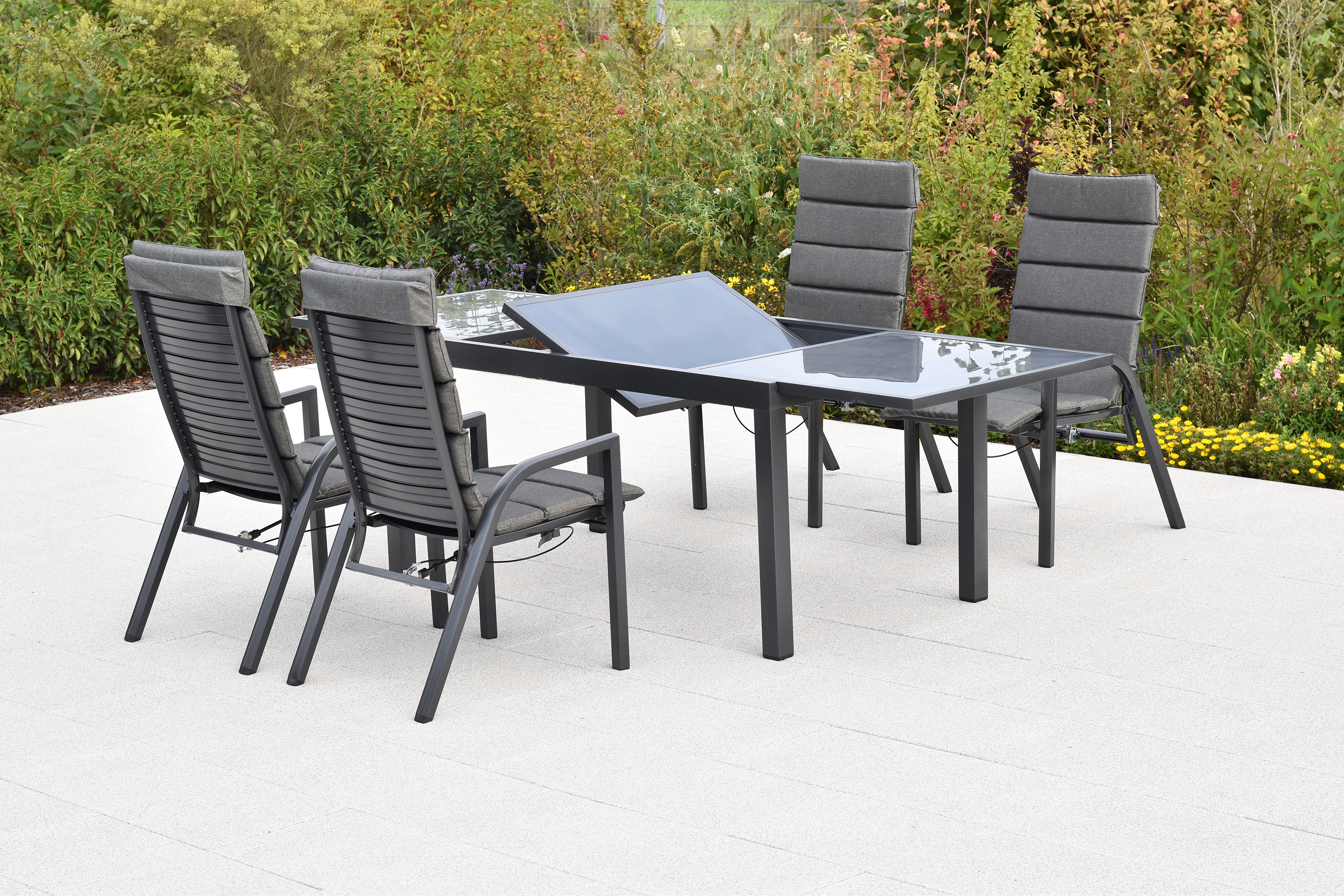 Siros Set, 9tlg., Ausziehtisch, 150/210 x 90 cm, graue Glasplatte, inkl. Kissen Siros Set, 9tlg., Ausziehtisch, 150/210 x 90 cm, graue Glasplatte, inkl. Kissen