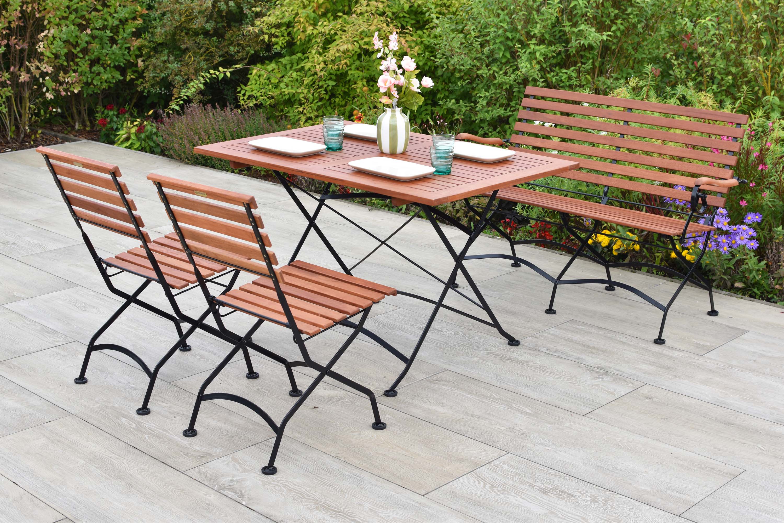 Schlossgarten Set 4tlg., 2 Klappstühle, 1 Bank 2-sitzig, Tisch 120 x 80 cm 