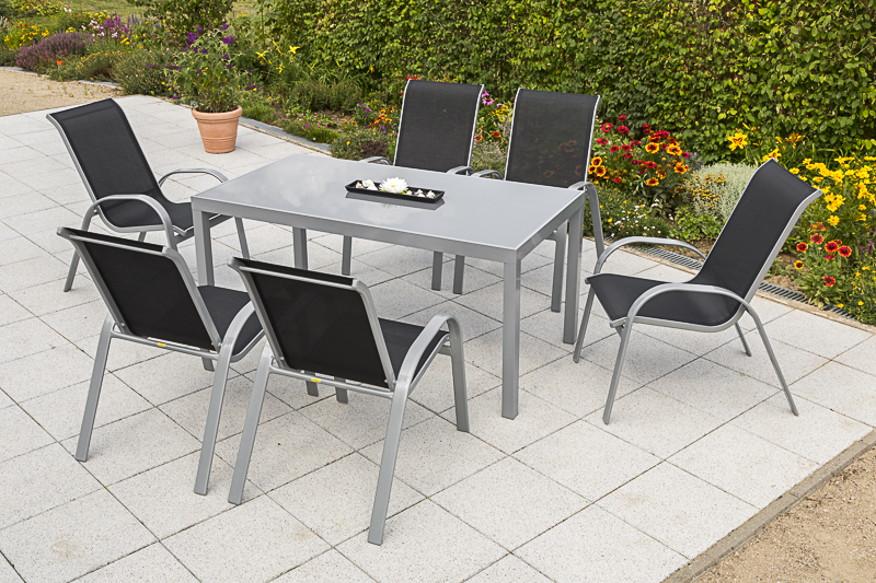 Amalfi Set 7tlg., 6 Stapelsessel, Tisch 150 x 90 cm, schwarz