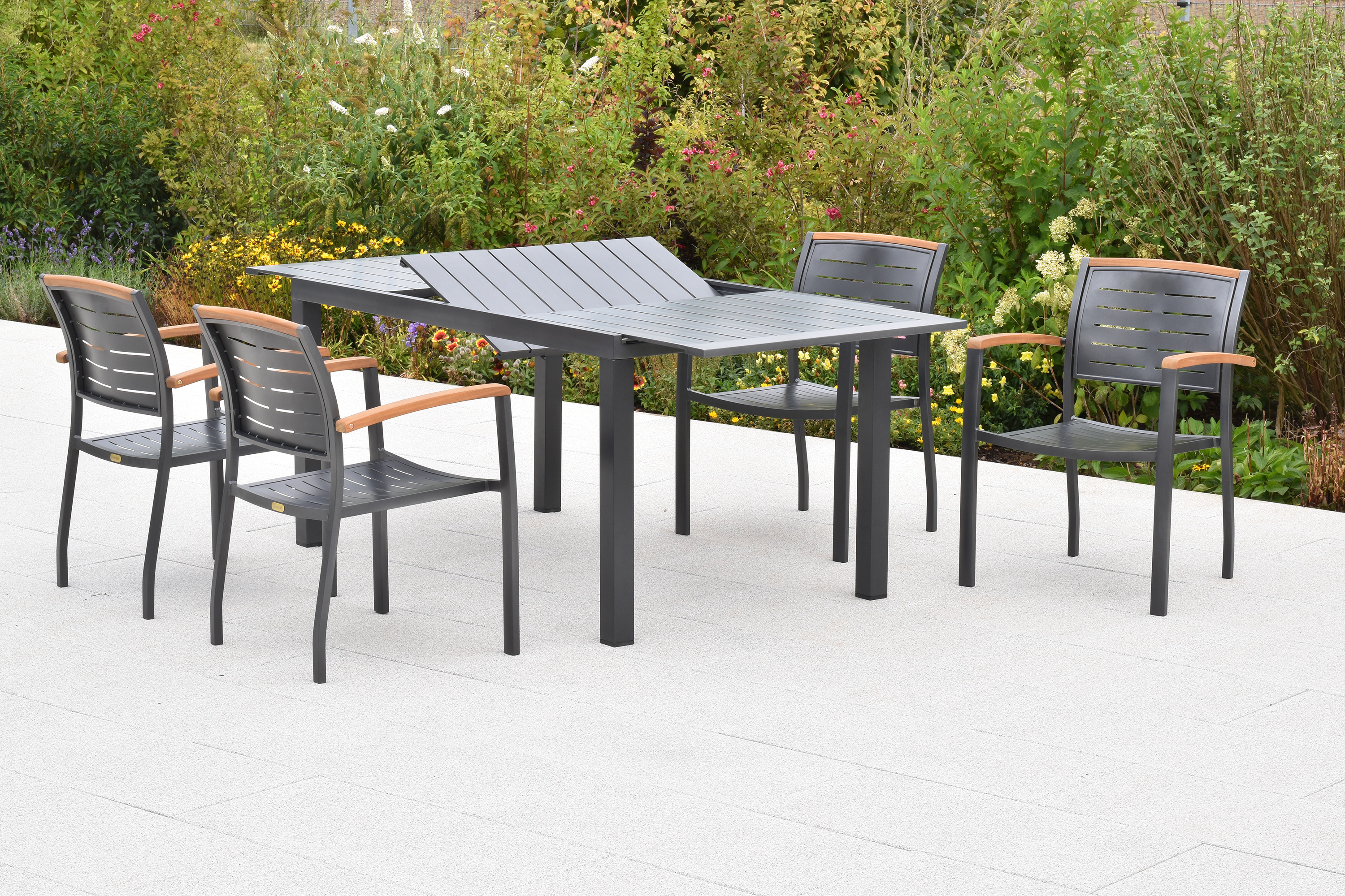 Tinos Set, 5tlg., Ausziehtisch, 150/200 x 90 cm, Tischplatte aus Aluminium Tinos Set, 5tlg., Ausziehtisch, 150/200 x 90 cm, Tischplatte aus Aluminium