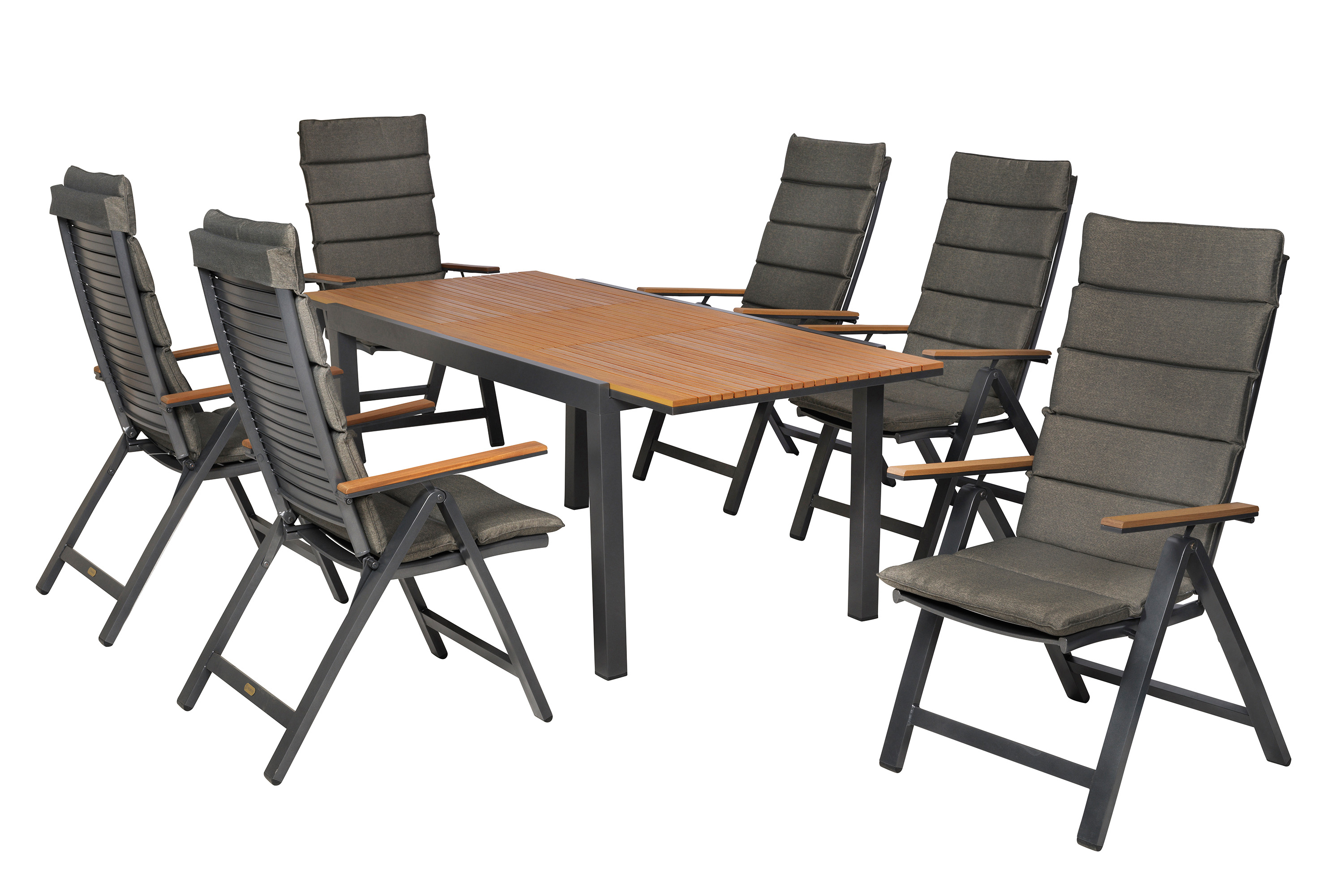 Astros Set 13tlg., 6 Klappsessel, Ausziehtisch, 150 (200) x 90 cm, inkl. Kissen