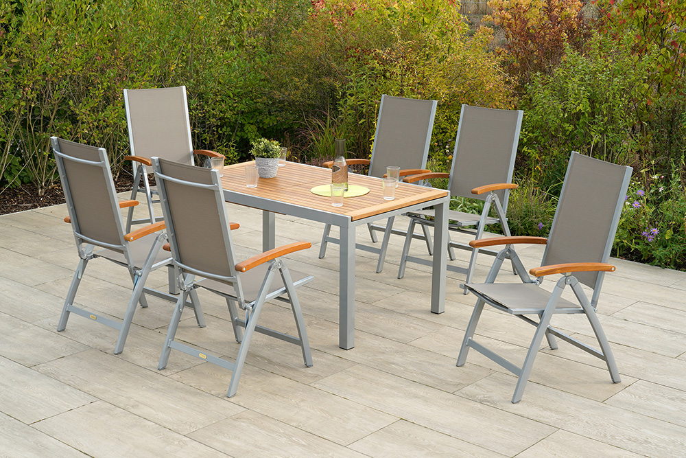 Naxos Set 7tlg., 6 Klappsessel, Ausziehtisch 150 (200) x 90 cm, silber