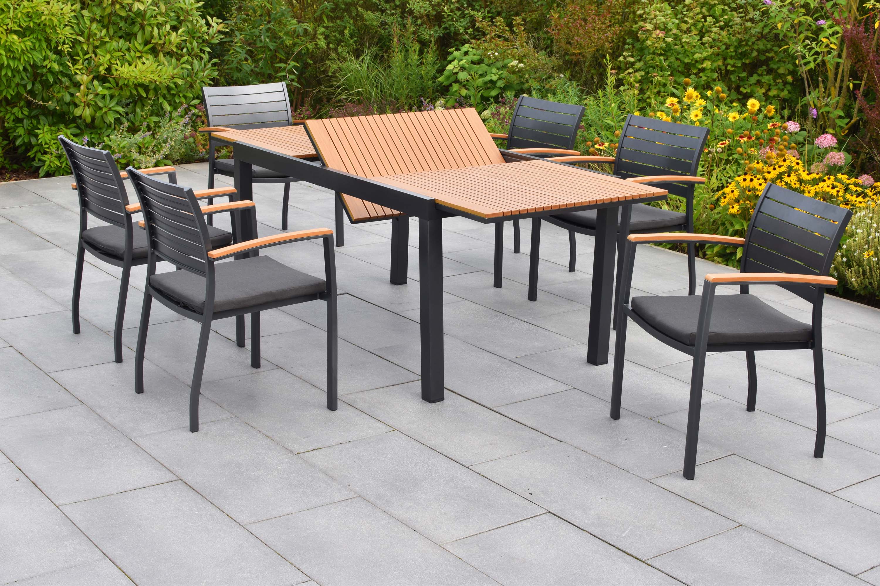 Astros Set 13tlg., 6 Stapelsessel, Ausziehtisch 150 (200) x 90 cm, inkl. Kissen