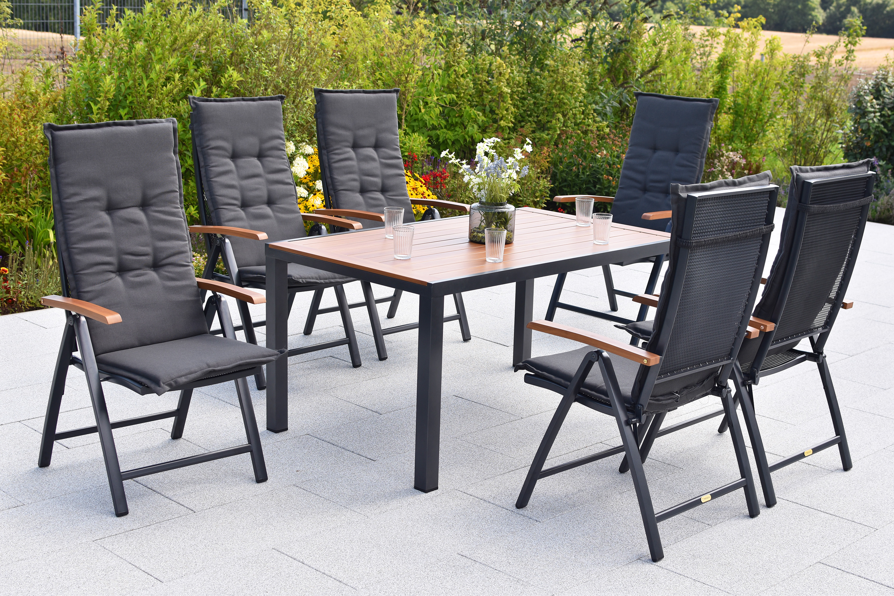 Thasos Set 13tlg., 6 Klappsessel, Tisch 150 x 90 cm, folierte Tischplatte in Holzoptik, inkl. Kissen