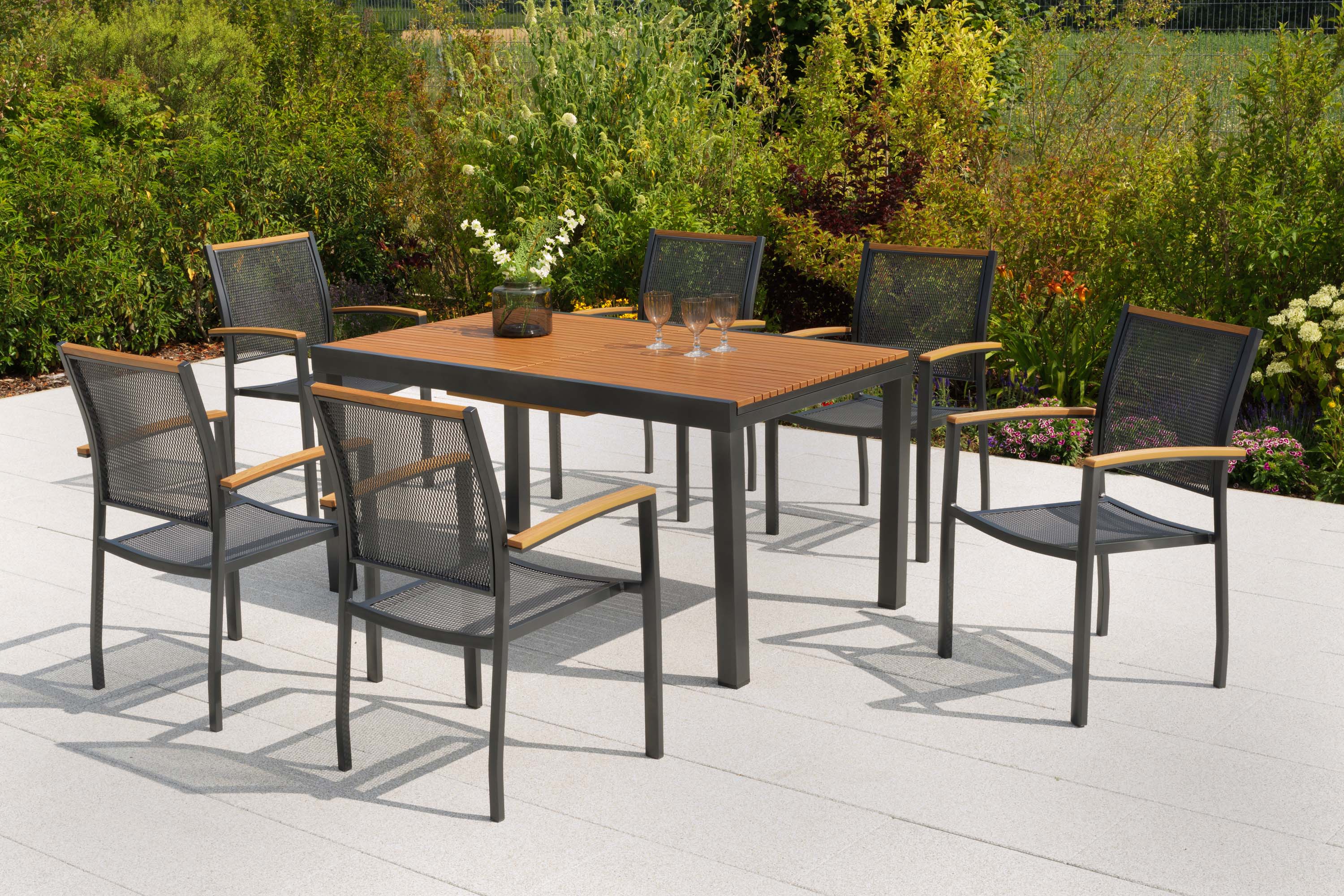 Itanos Set 7tlg., 6 Stapelsessel, Ausziehtisch 150 (200) x 90 cm Itanos Set 7tlg., 6 Stapelsessel, Ausziehtisch 150 (200) x 90 cm