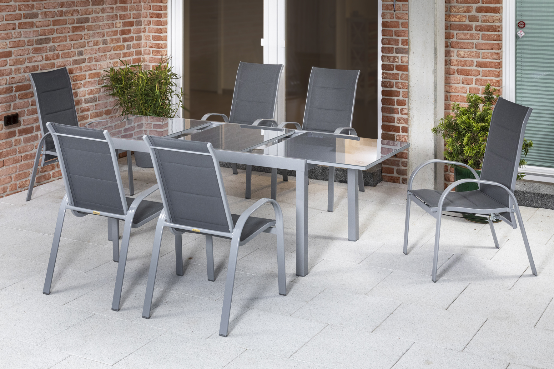 Amalfi Set, 7 tlg., 6 Stapelsessel, Ausziehtisch 180/250 x 100 cm, grau 