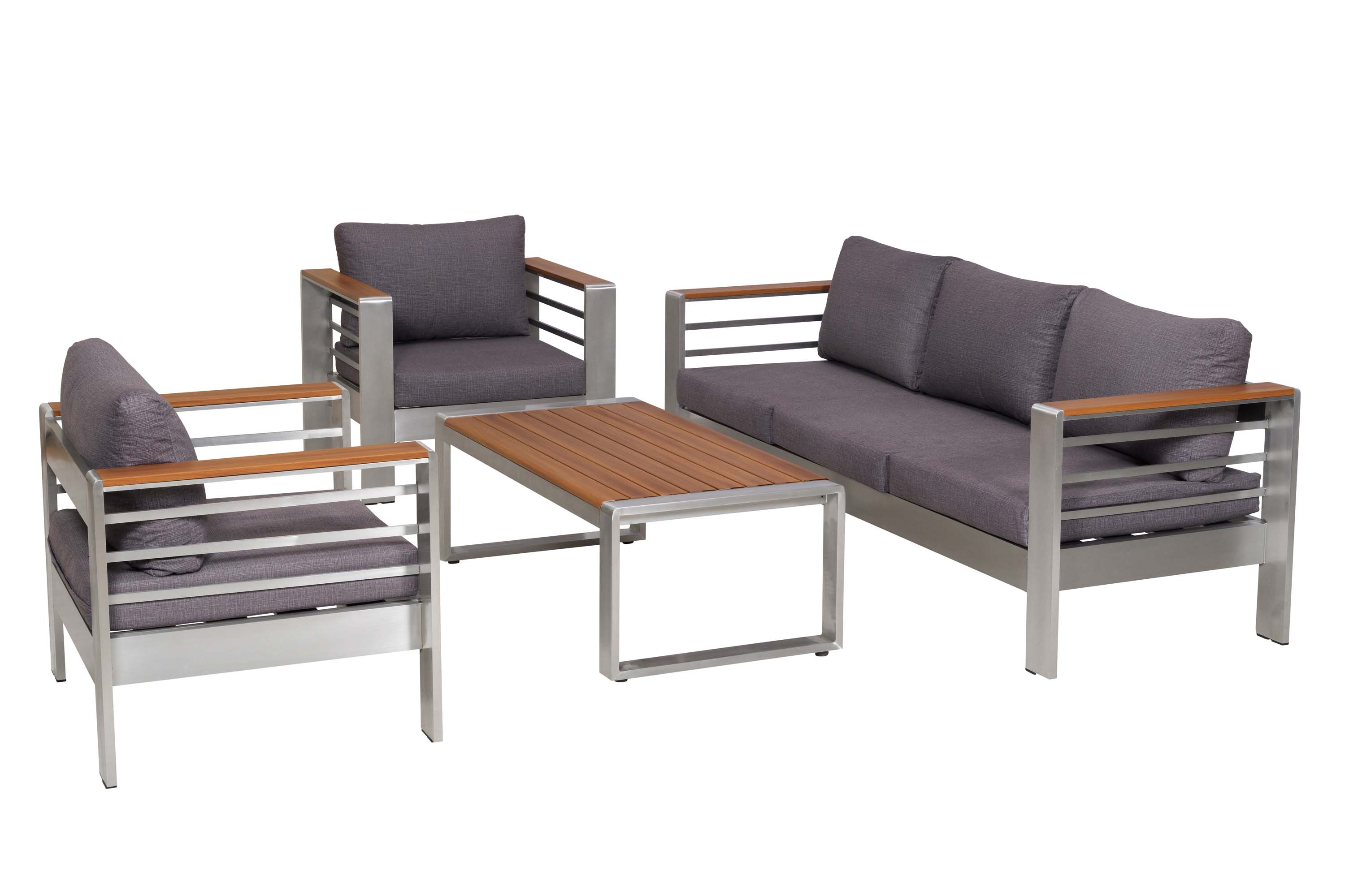 Lounge Set Nestos, 2 Sessel, dreisitzige Bank, Tisch 120 x 60 cm, inkl. Sitz- und Rückenkissen