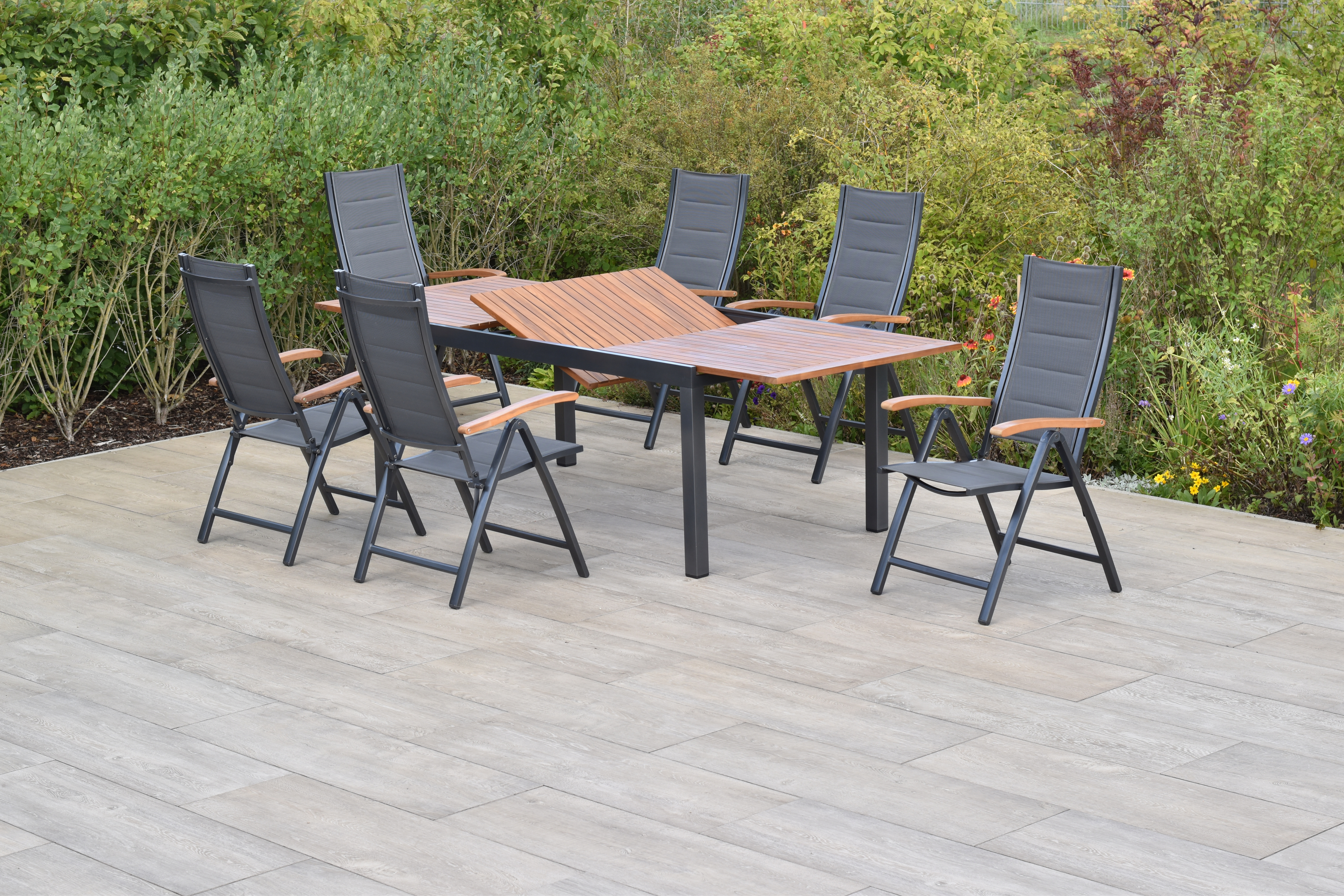 Paxos Set, 7tlg., 6 Klappsessel, Ausziehtisch 180/250 x 100 cm, graphit