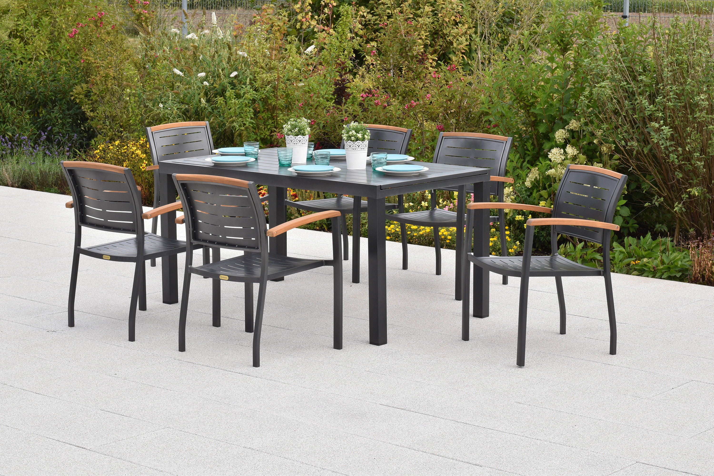 Tinos Set, 7tlg., Ausziehtisch, 150/200 x 90 cm, Tischplatte aus Aluminium Tinos Set, 7tlg., Ausziehtisch, 150/200 x 90 cm, Tischplatte aus Aluminium
