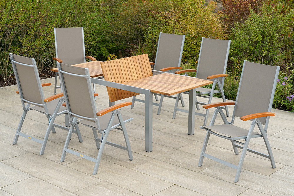 Naxos Set 7tlg., 6 Klappsessel, Ausziehtisch 150 (200) x 90 cm, silber