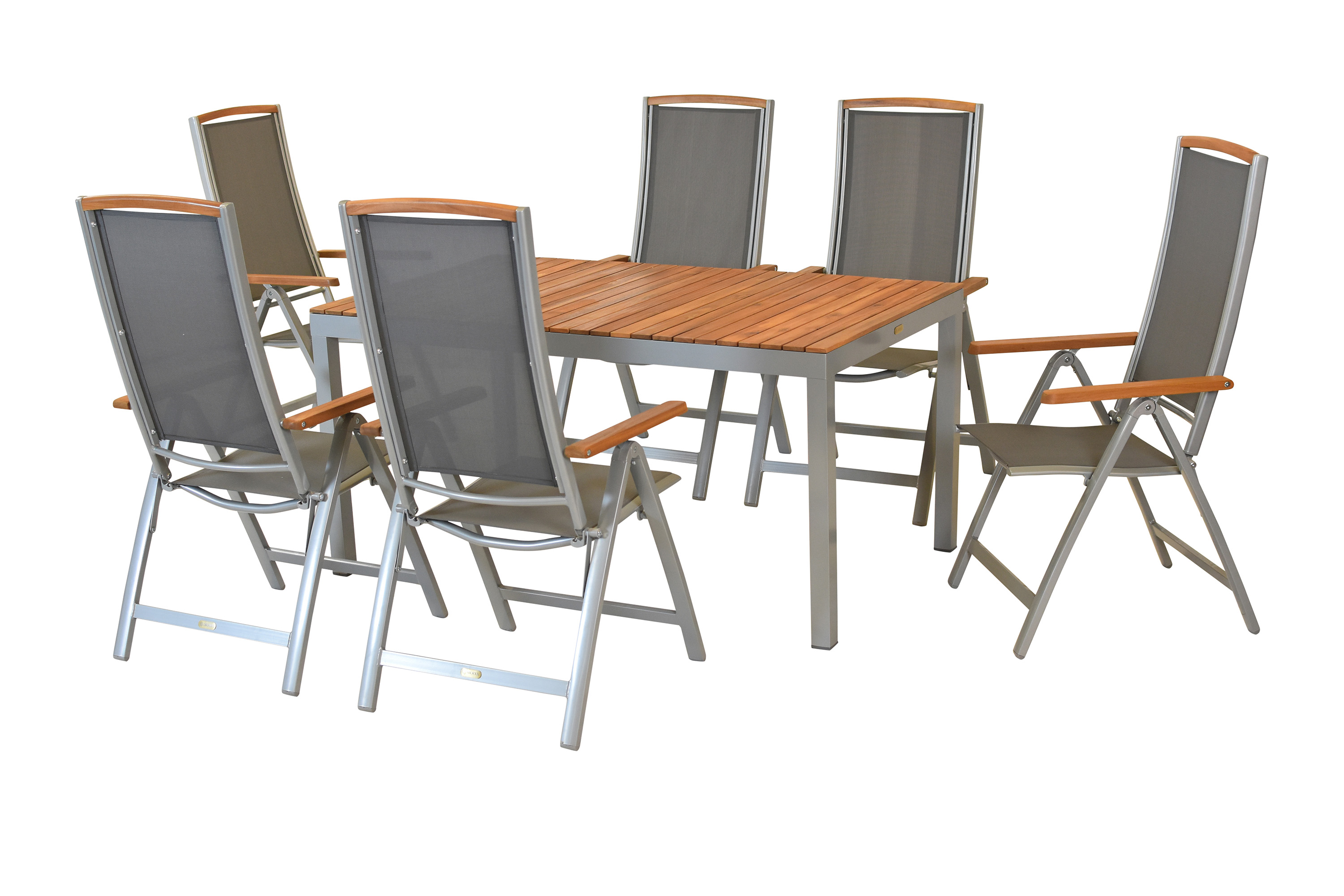 Siena Set 7tlg., 6 Klappsessel, Tisch 150 x 90 cm, silber Siena Set 7tlg., 6 Klappsessel, Tisch 150 x 90 cm, silber