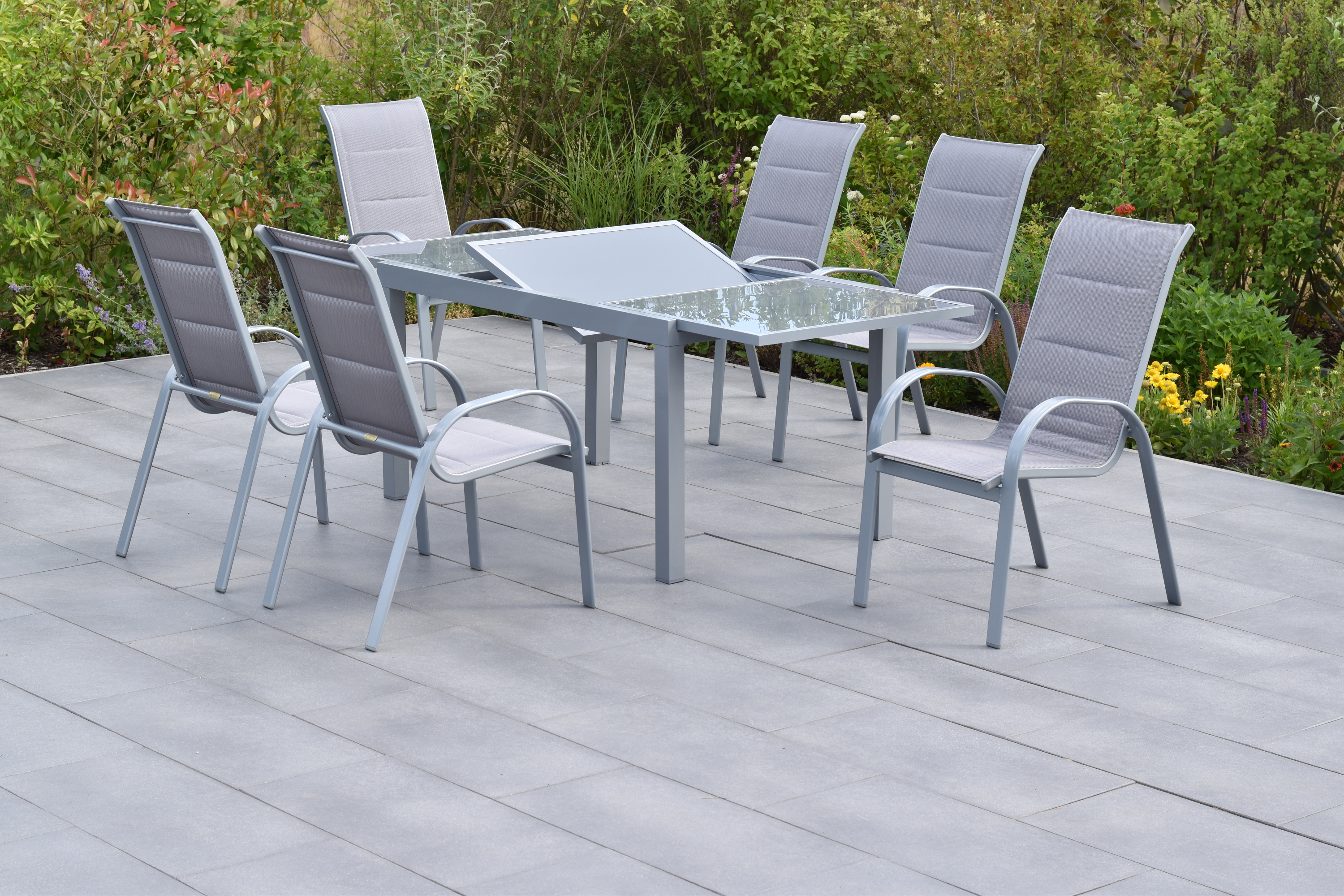 50876-330-3 Amalfi di lusso Set, 7tlg., 6 Stapelsessel, Ausziehtisch 160/220 x 90 cm, diamantbraun