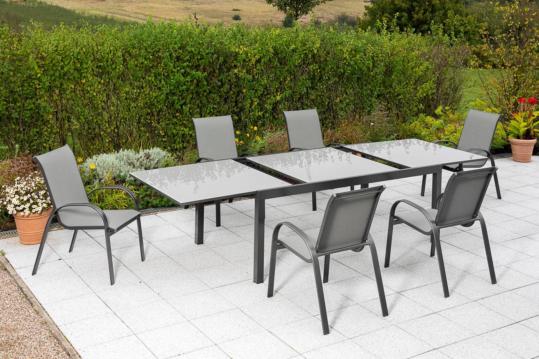 Amalfi Set, 7 tlg., 6 Stapelsessel, Ausziehtisch 200/300 x 100 cm, grau