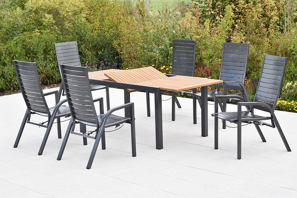 Siros Set, 7tlg., Ausziehtisch, 150/200 x 90 cm, Tischplatte aus Akazienholz Siros Set, 7tlg., Ausziehtisch, 150/200 x 90 cm, Tischplatte aus Akazienholz