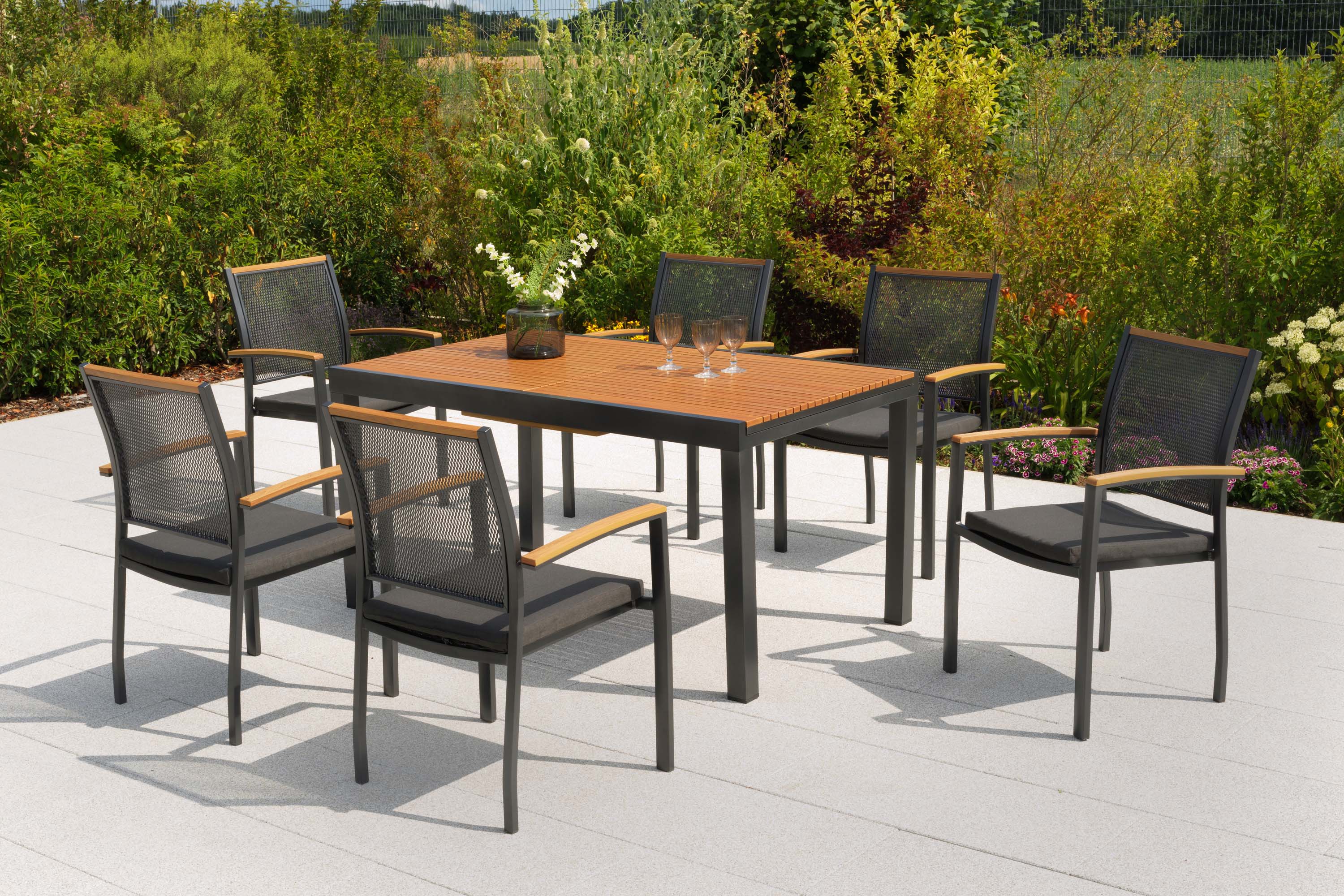 Itanos Set 13tlg., 6 Stapelsessel, Ausziehtisch 150 (200) x 90 cm, inkl. Kissen