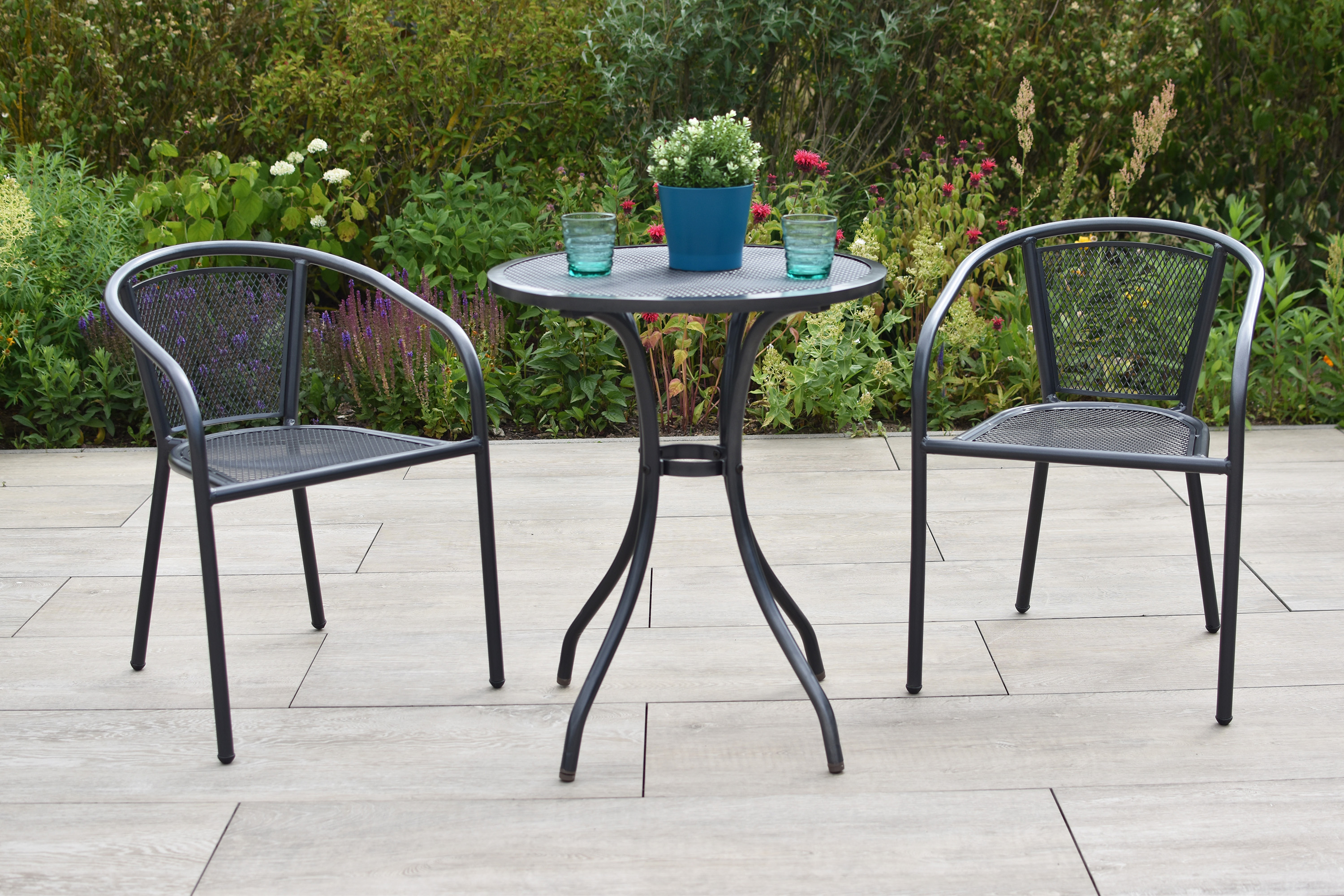 Delos Set 5tlg., 2 Stapelsessel, Tisch rund Ø 60 cm, inkl. Kissen