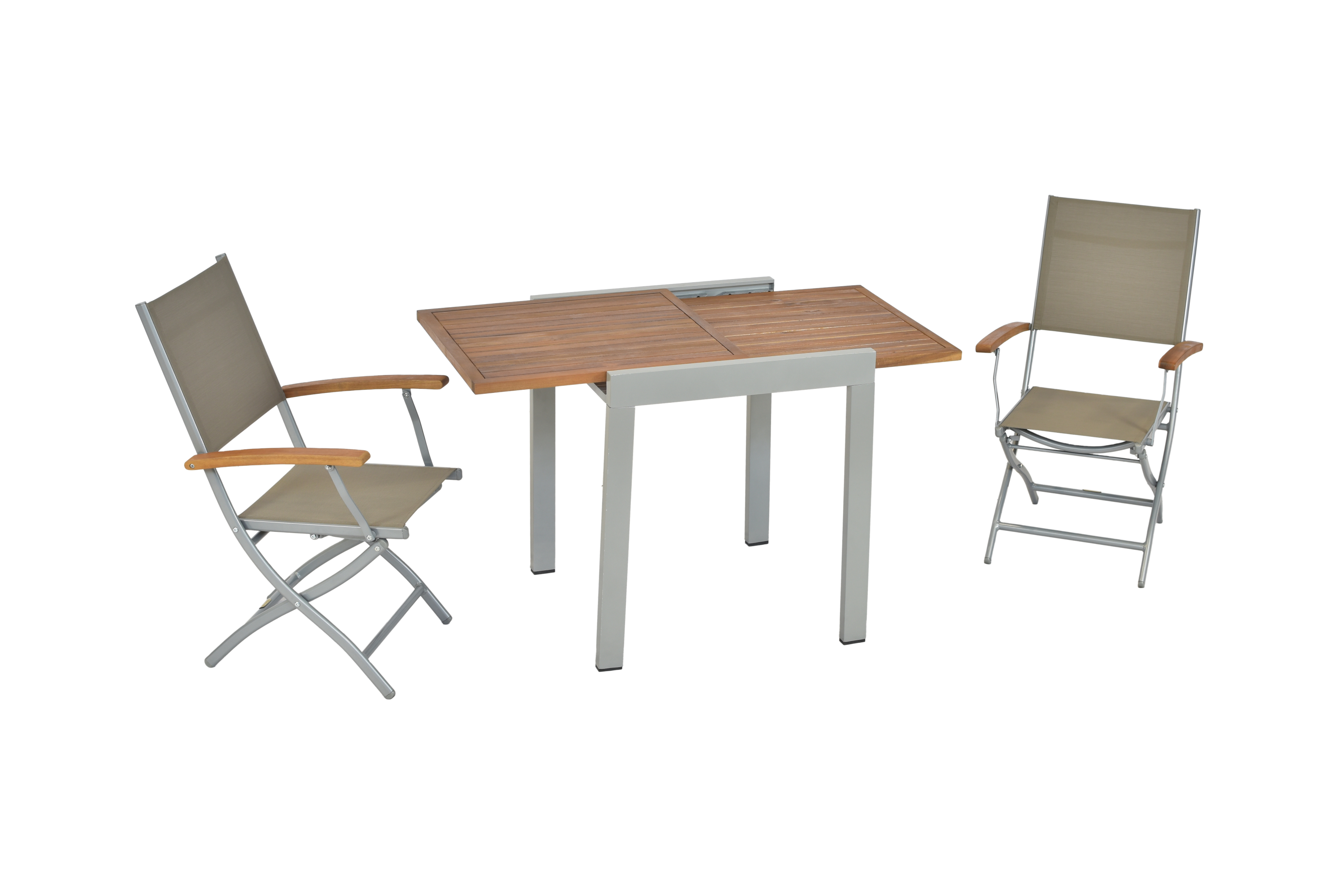 Naxos Set 3tlg., 2 Klappsessel, Balkonausziehtisch 65 (130) x 65 cm, silber