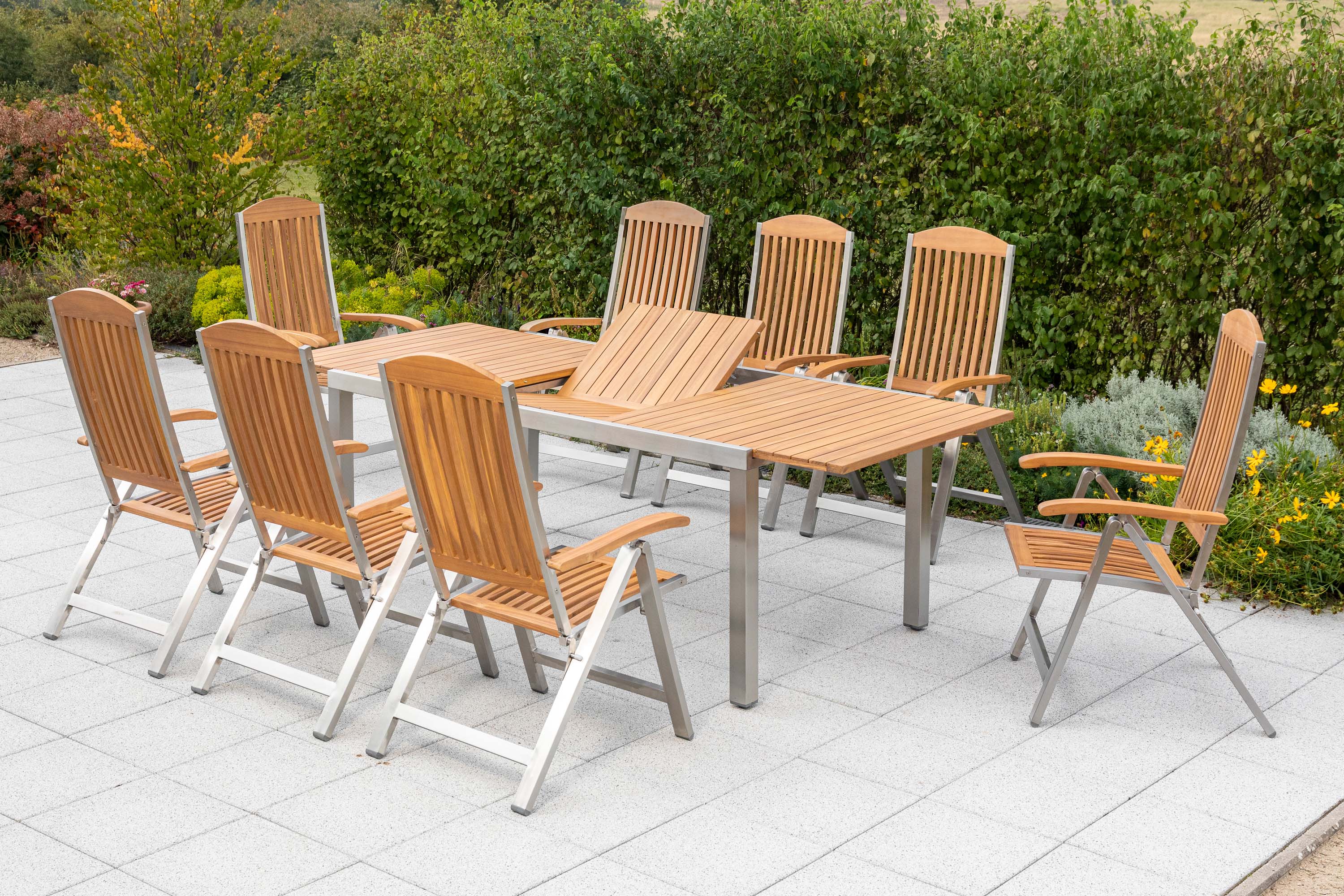 Keros Set 9tlg., 8 Klappsessel, Ausziehtisch 180 (240) x 100 cm Keros Set 9tlg., 8 Klappsessel, Ausziehtisch 180 (240) x 100 cm